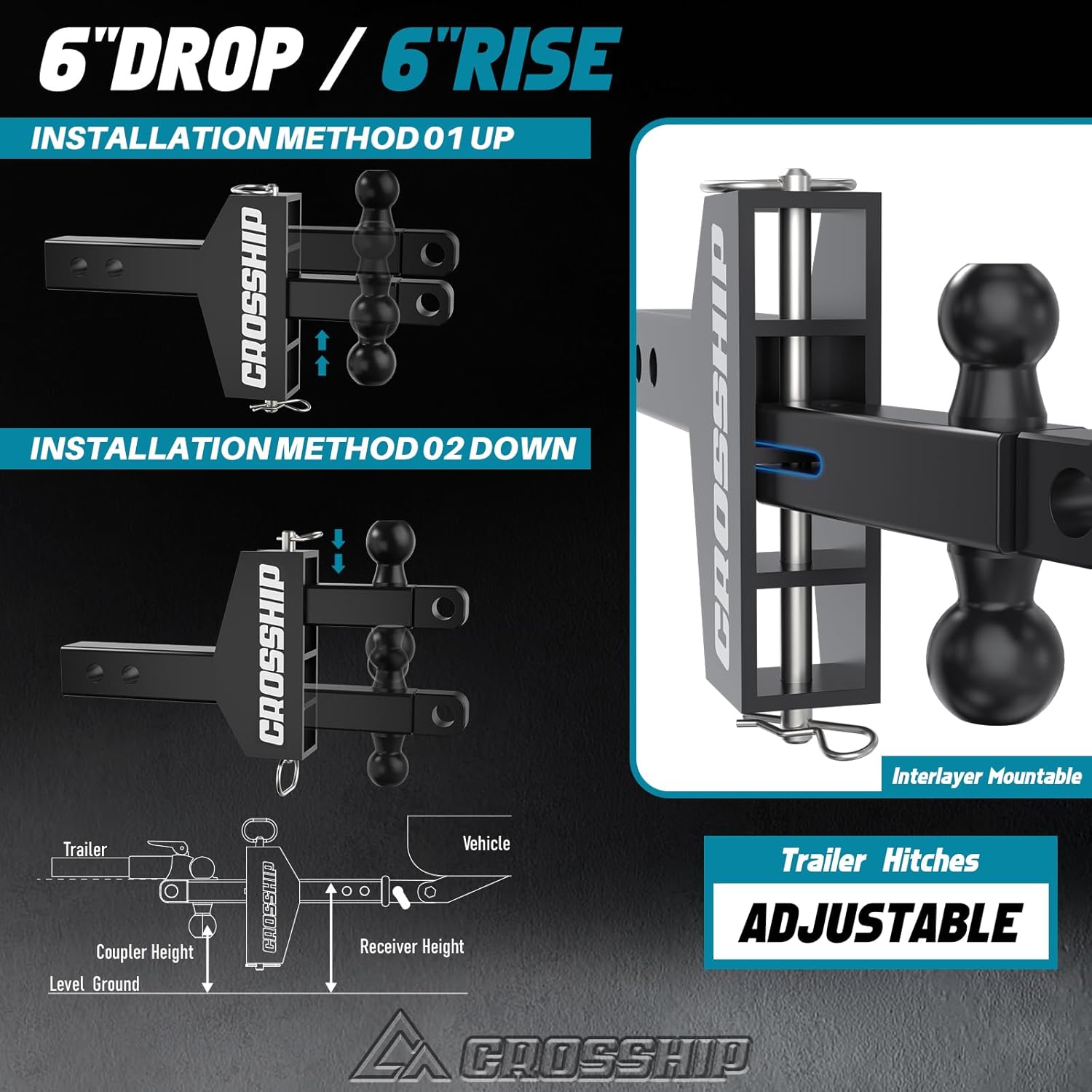 Adjustable Trailer Hitch - Fits 2'' Receiver, 6Inch Drop/Rise Ball Mount, Drop Hitch with 2'' & 2-5/16'' Solid Dual Balls 26,000 LBS Capacity- Tow Hitch with Anti Rattle Clamp Hitch Tightener