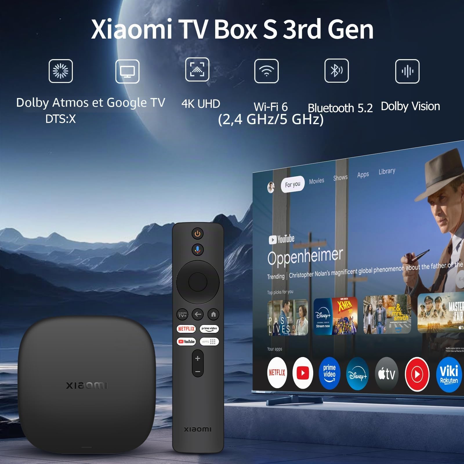 Xiaomi TV Box S 3ème génération version britannique, 4K UHD, 2 Go de RAM + 32 Go de ROM, Dolby Vision & Atmos, WiFi 6, HDMI 2.1, Google TV, streaming rapide, noir (avec prise britannique)