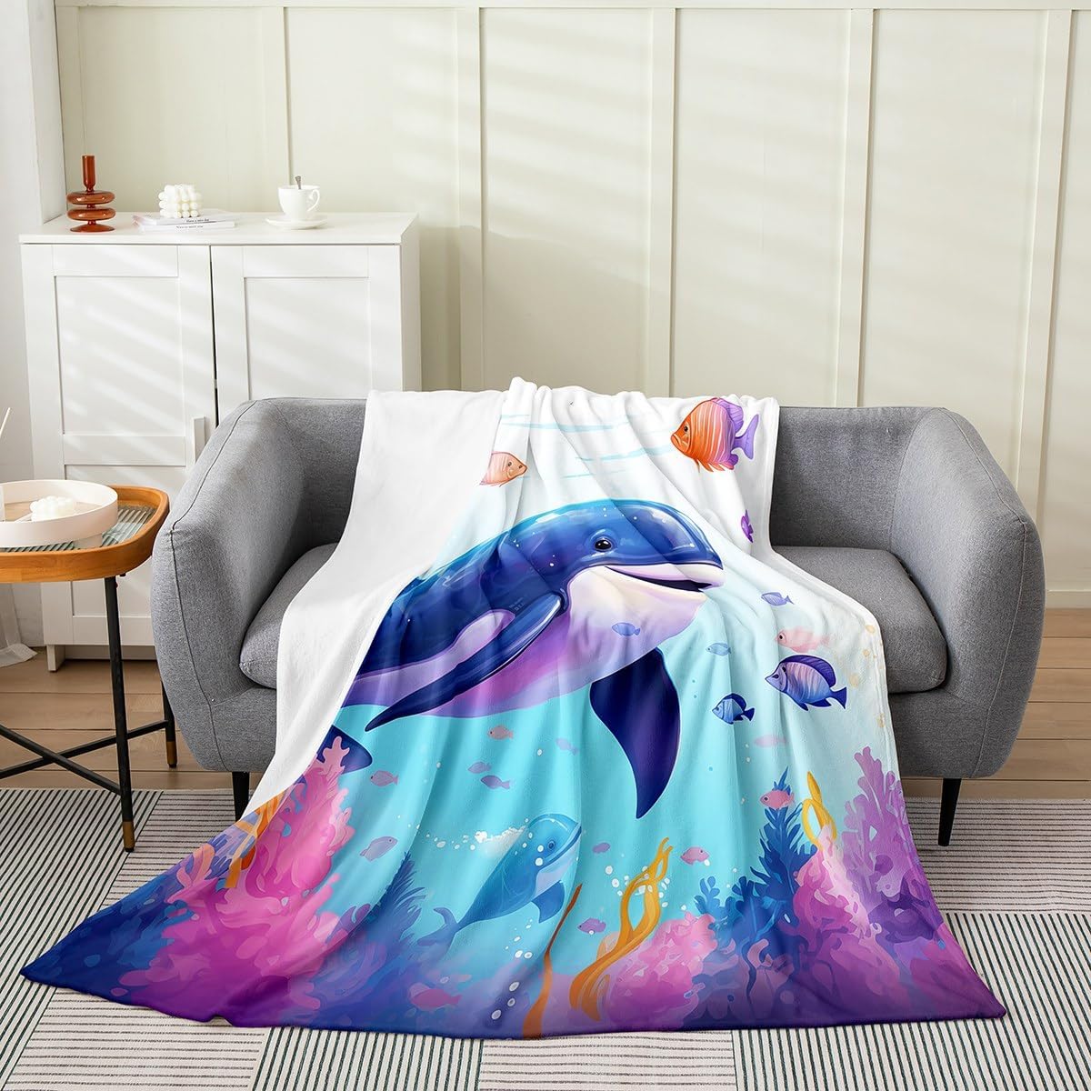 Whale Fleece Blanket,Kawaii Ocean Animal Tropical Fish Bed Blanket for Kids Teens,Undersea World Colorful Coral Dreamy Flannel Blanket for Room Decor,Queen 90"x90"