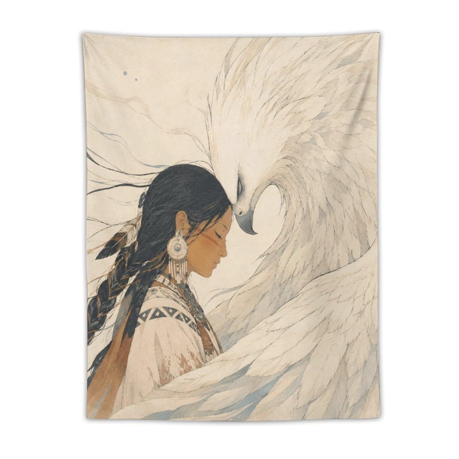 W7C8U2X3 Native Woman with White Bird Wall Tapestry, Realistic Illustration