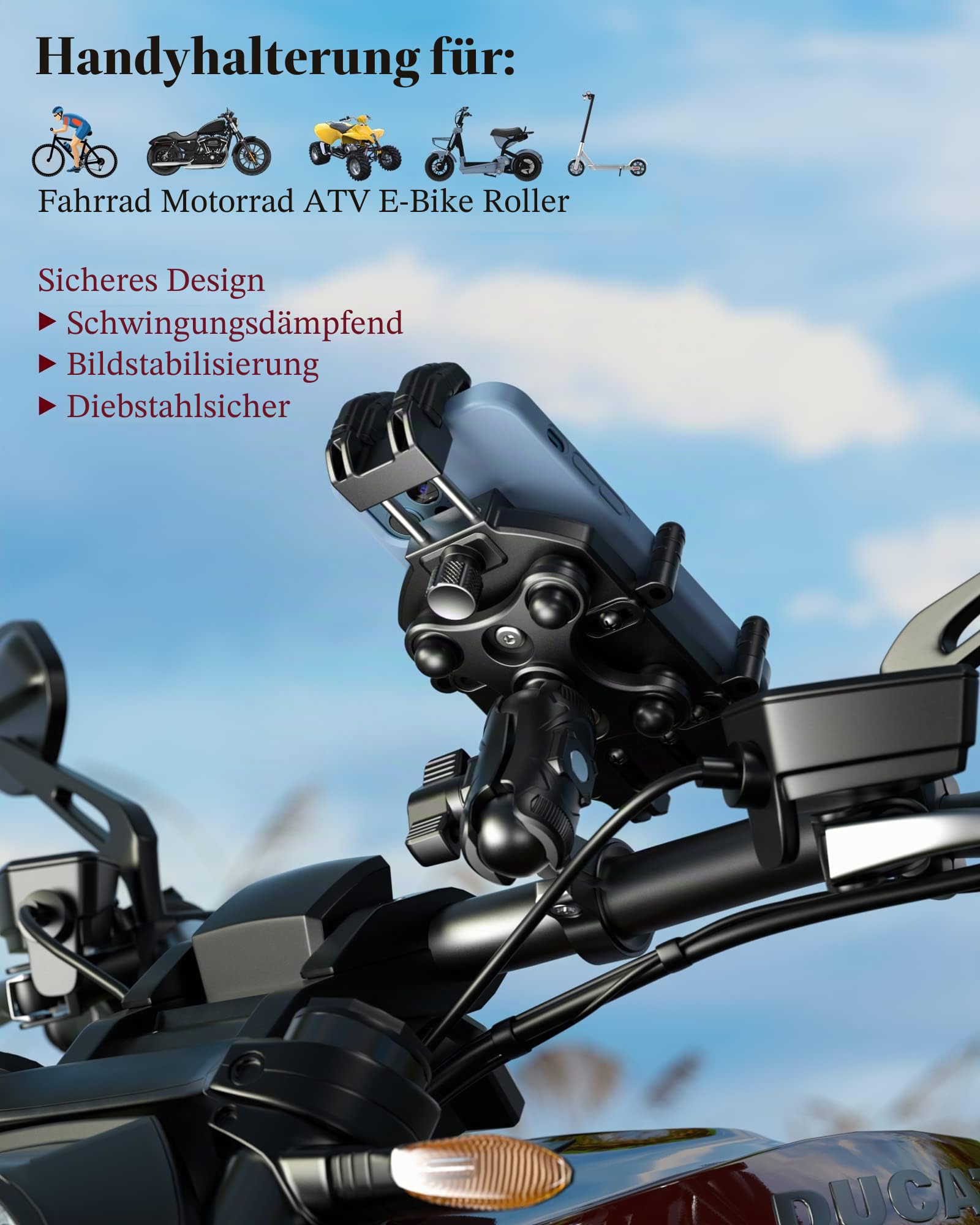 BRCOVAN Motorrad Handyhalterung mit Vibrationsdämpfer, Diebstahlsichere Handy Motorradhalterung, Verstellbar 360° Drehbar Lenker Halte für Motorrad, Fahrrad, Roller, ATV, für 5,4-7,2 Zoll Smartphone