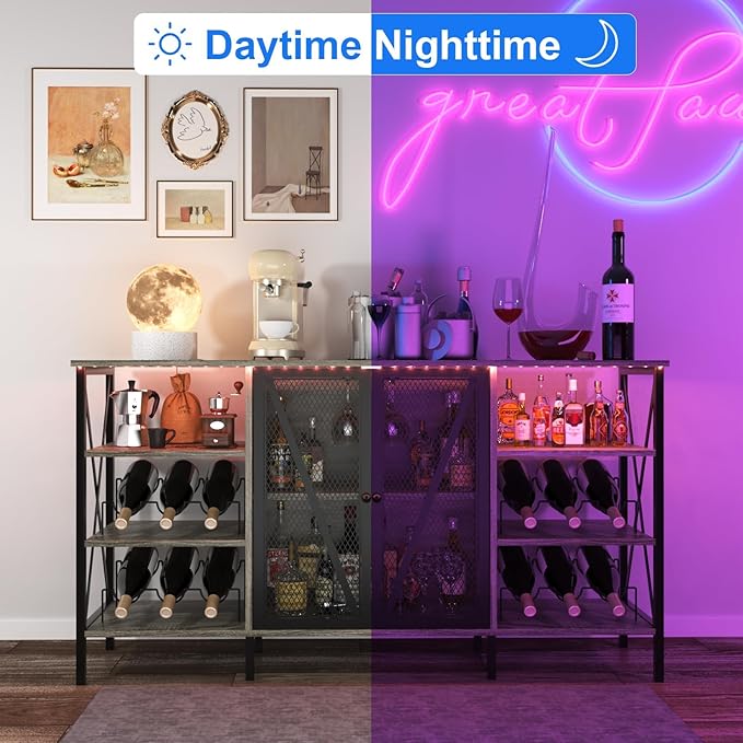 Mueble Barra de Vino Industrial GAOMON con Luz LED, 4 Niveles, Gris miniatura 4