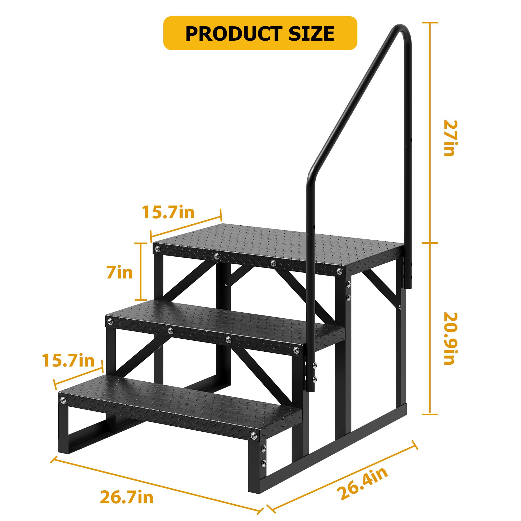 Garvee Escalier externeérieur antidérapant 3 marches pour Camping-Car – Capacité 300 kg, Portable, Acier allié, sécurité Accrue – Marchepied Robuste avec Rampe – Simple Main Courante | 3 marches