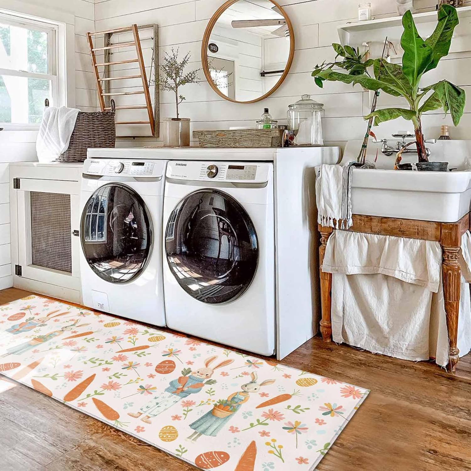 Kitchen Mats for Floor Spring Easter Rabbit Carrot Washable Non Slip Kitchen Rugs 2PCS, Farmhouse Bunny Flower Egg Absorbent Standing Mats for Sink Bathroom Office Living Room 15.7x23.6in+15.7x47.2in
