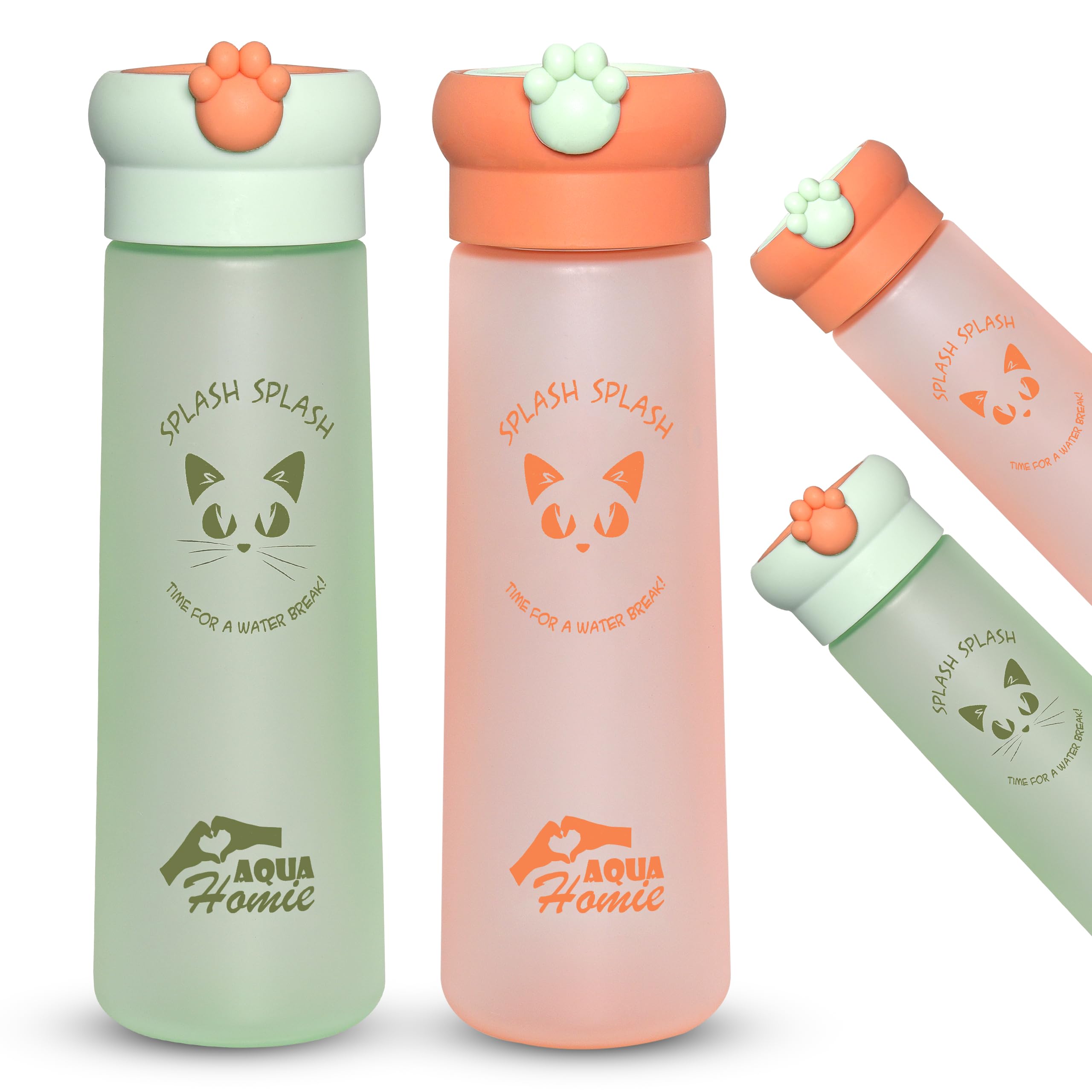 AQUA HOMIE Pack of 2 Water Bottles 530ml, Leakproof BPA Free Drinking Bottles with Cute Paw Design Lid, Kids Water Bottle for School, Sports & Gym (Green-Orange, 530ml) โ image 1