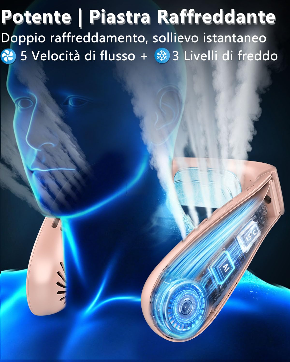 Ventilatore Portatile da Collo Silenzioso, Neck Cooler Ricaricabile con 3 Temperature a 15°C e 5 Velocità, Batteria 5500mAh Autonomia 24 Ore, Display LED, per Chi Soffre il Caldo e Sollievo Costante