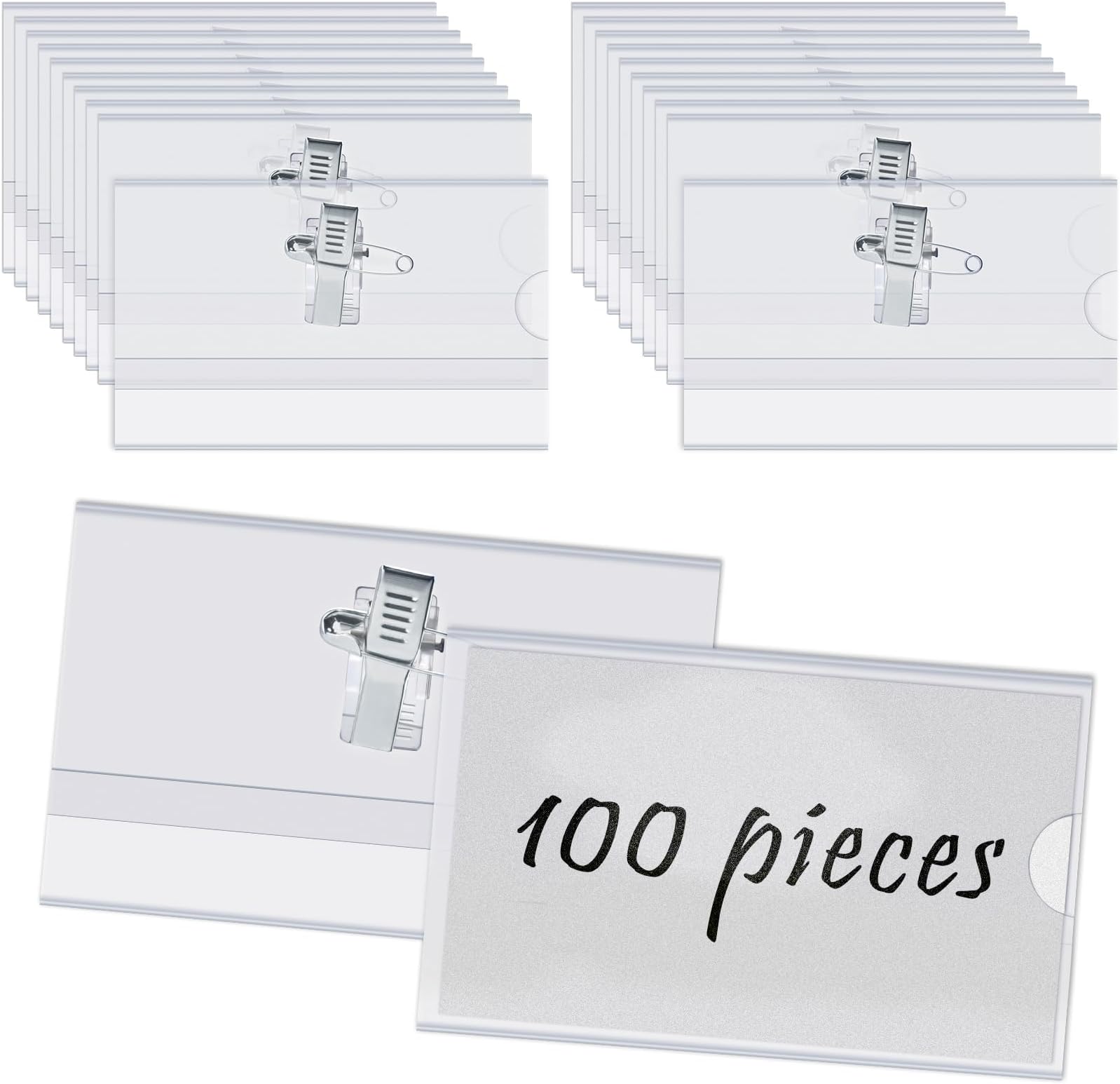 100 PCS Name Badges with Crocodile Clip and Safety Pin, Clear Badges with Pins Horizontal ID Card Holder for School, Colleges, Offices, Corporate Event, Conference