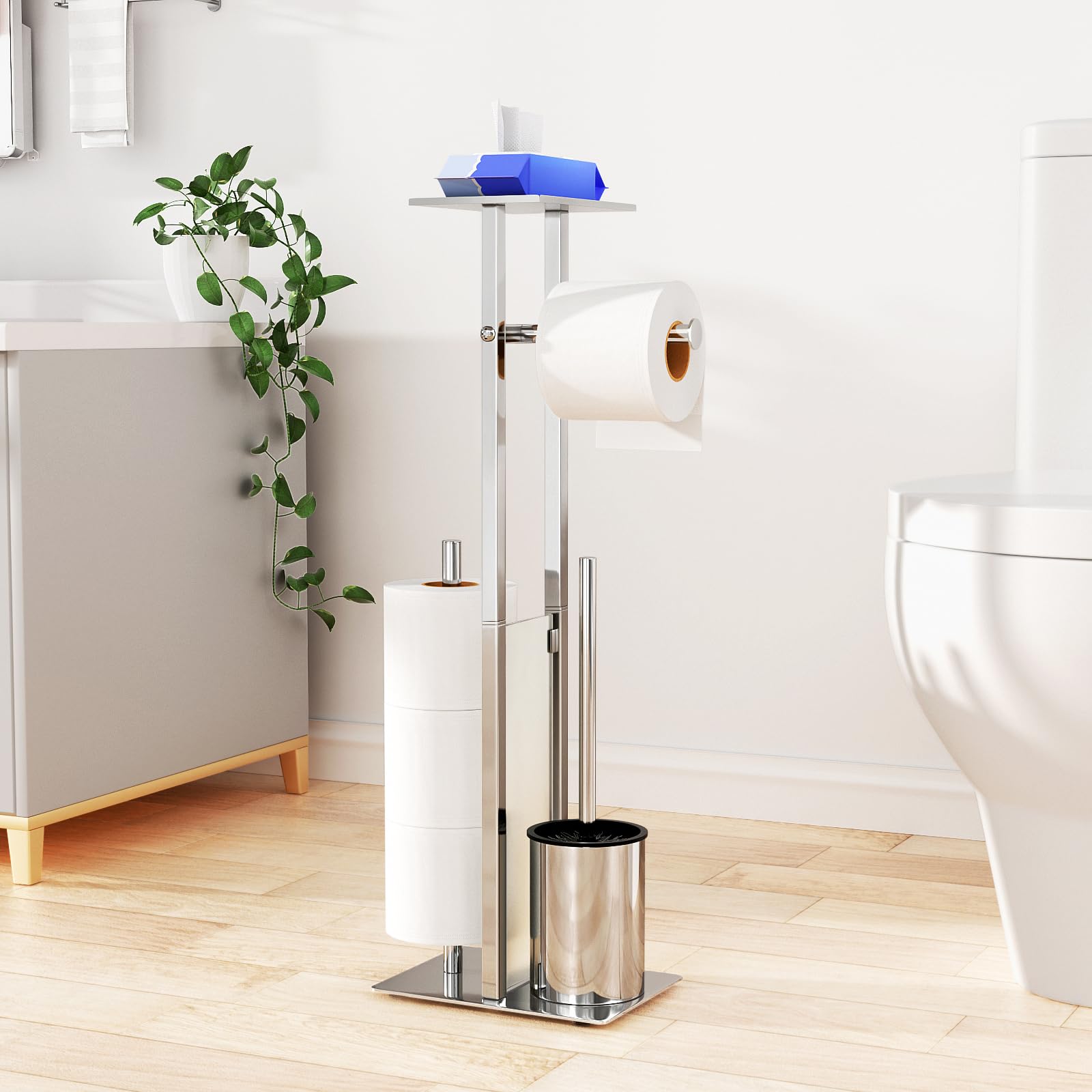 Porte-papier en acier inoxydable avec brosse de toilettes et étagère en verre argent