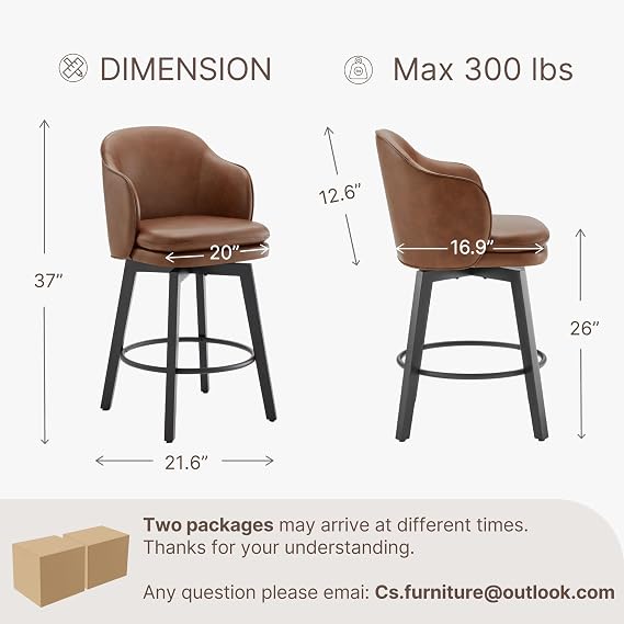 KISLOT Counter Height Barstools 26 inch Upholstered Swivel Bar Stools with Back for Kitchen Island,Set of 4,Brown PU Leather