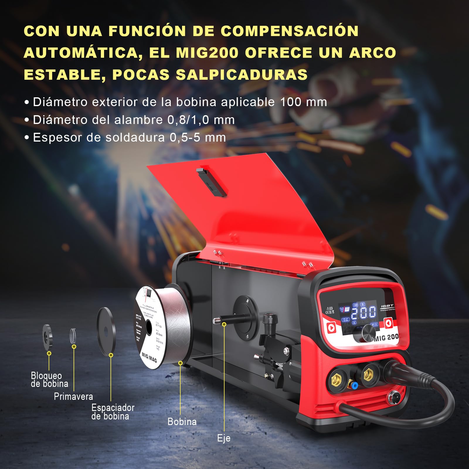 Soldador de Hilo 200 A Máquina de Soldar MIG MAG 4 en 1 MMA/sin Gas MIG/Gas MIG/Lift TIG, Soldaddora de Hilo Continuo con Pantalla LED, IGBT,VECTOR WELDING