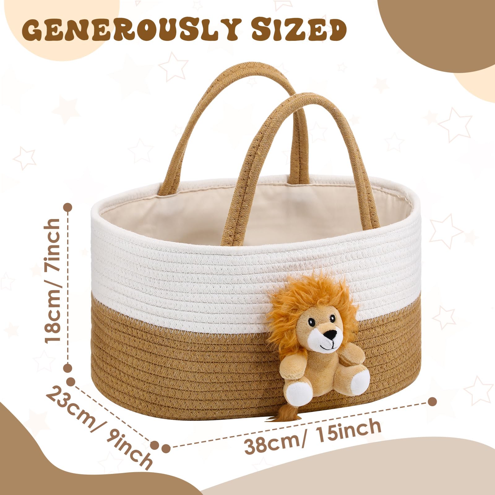 FoldTier Lion Baby Diaper Caddy Organizer Cotton Rope Nursery Storage Bin Basket Baby Shower Basket Gift Portable Holder Tote Bag with Handle for Changing Table Car Travel Registry Gift