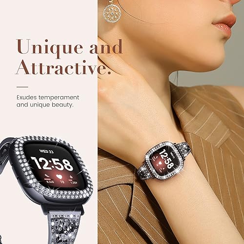 Miniatura 6 de Goton Compatible con Fitbit Versa 3 Band, pulsera de repuesto de diamantes brillantes para mujer y funda protectora de parachoques compatible con