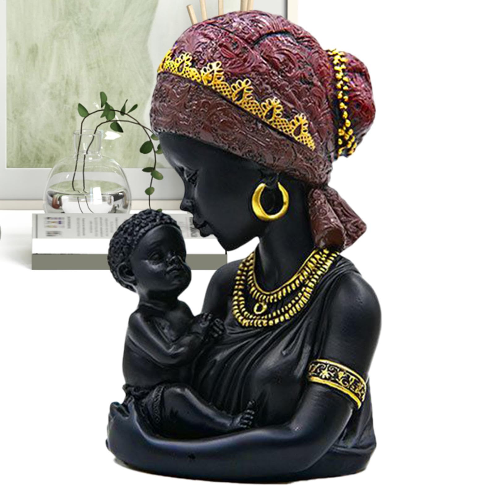 Buste moderne noir et décorations africaines en résine pour table basse