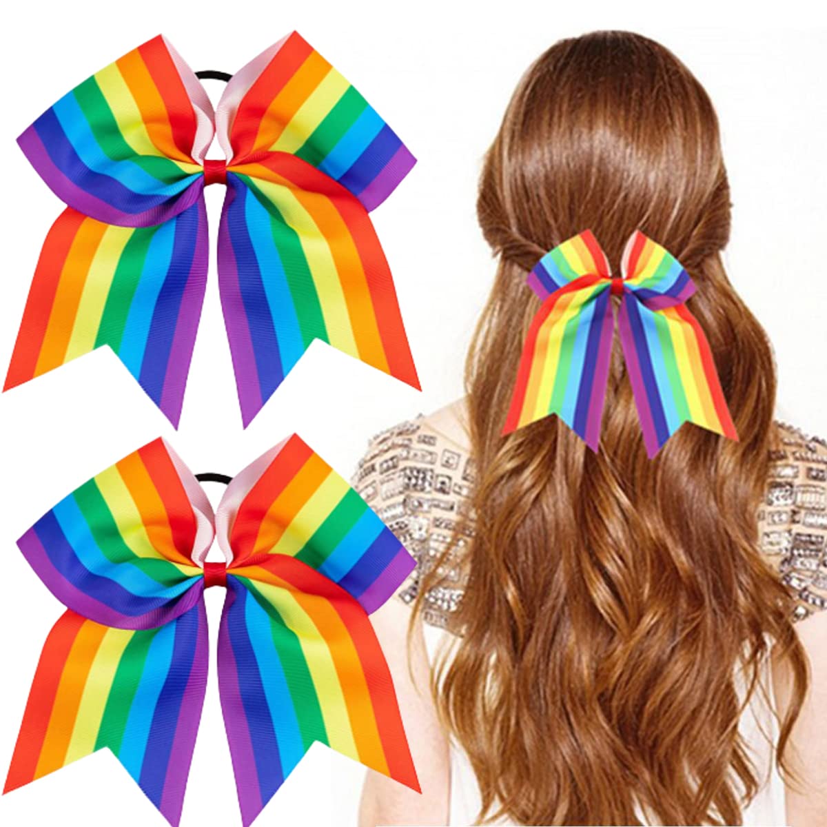DIUEWOW Rainbow Cheer Leading Bow - 2PCS Hair Ties with Elastic Ponytail Holder Bow Hair Tie Band Hair Accessories for School Girls Women Gay Pride