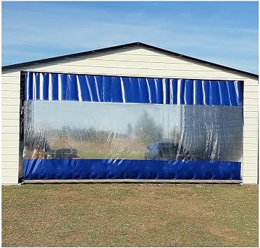 Rygcrud Vinyl Curtains for Patio, Garage Divider Curtain - Waterproof PVC Tarps, Outdoor Clear Panel for Pergola, Porch, Gazebo, Top Grommets Color Blue Side, Size 2.4x2.8m