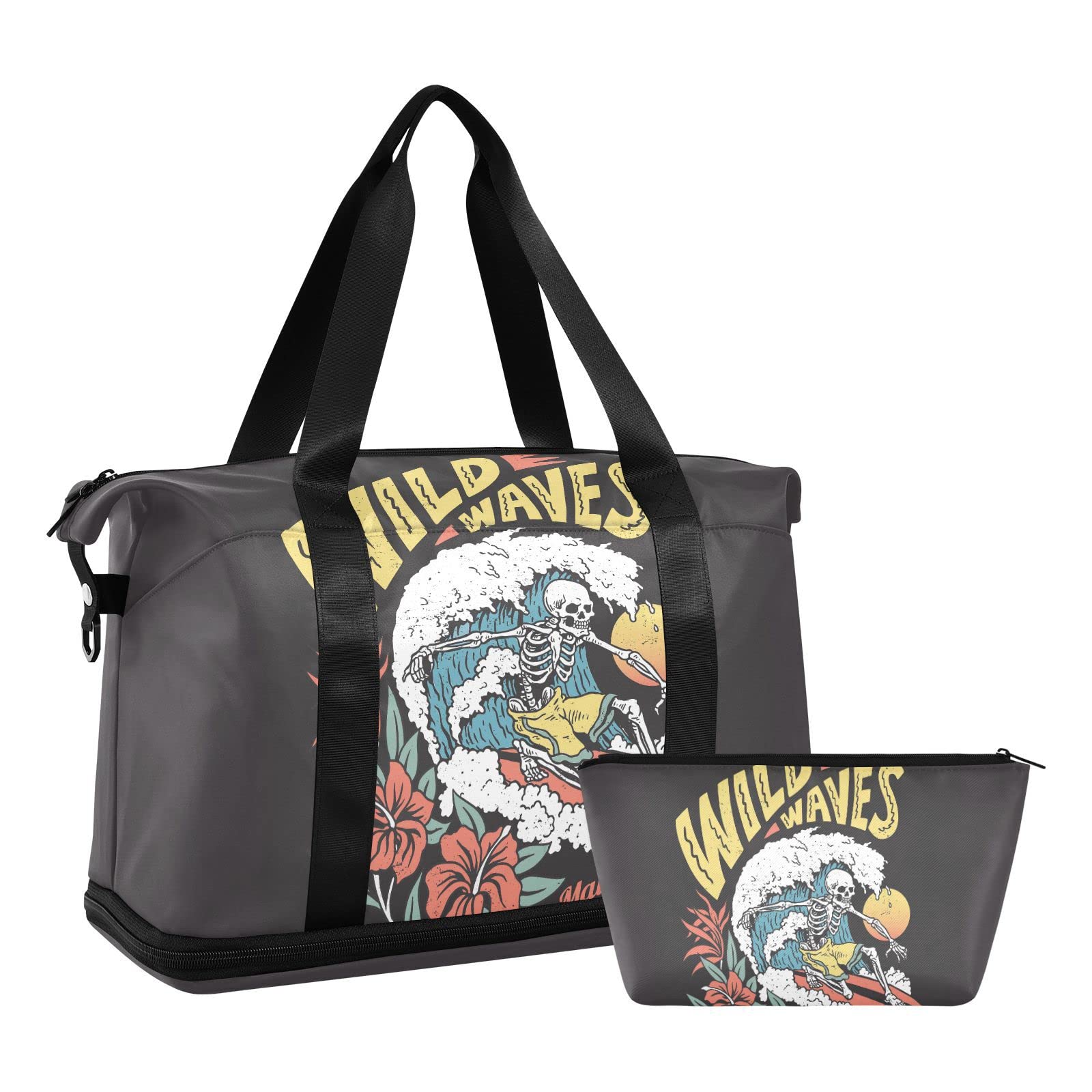 Gym Bag, Large Travel Swimming Sports Duffel Bags with Shoe Compartment Wet Pocket Women Men, Surfing Skull Tote Gym Bag with Strap Handle Trolley Sleeve Makeup Bags