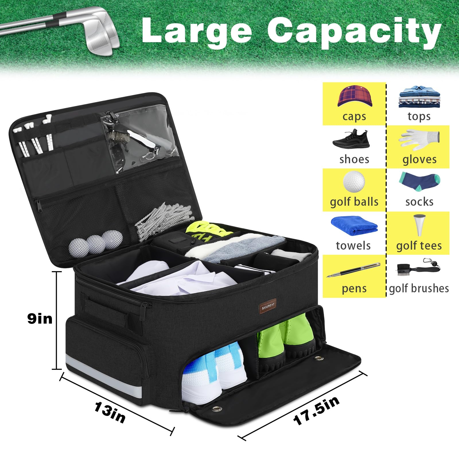 Organizzatore da Golf per Auto, armadietto da Golf a 2 Strati con Scomparto per Scarpe ventilato Separato, Organizer per Auto da Golf Grigio per Accessori da Golf, da Uomo (Nero)