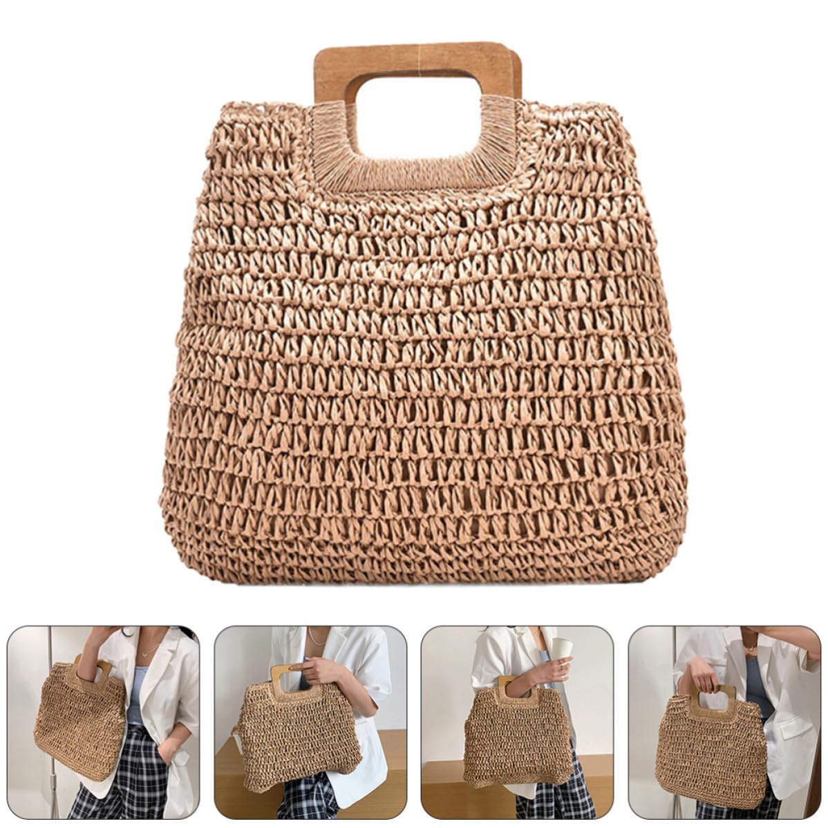 Bolso de Playa Tejido a Mano al Crochet, Bolsa de Almacenamiento Portátil, Gran Capacidad, Ligero, Color Caqui, para Mujer, Compras Diarias y Vacaciones Playa