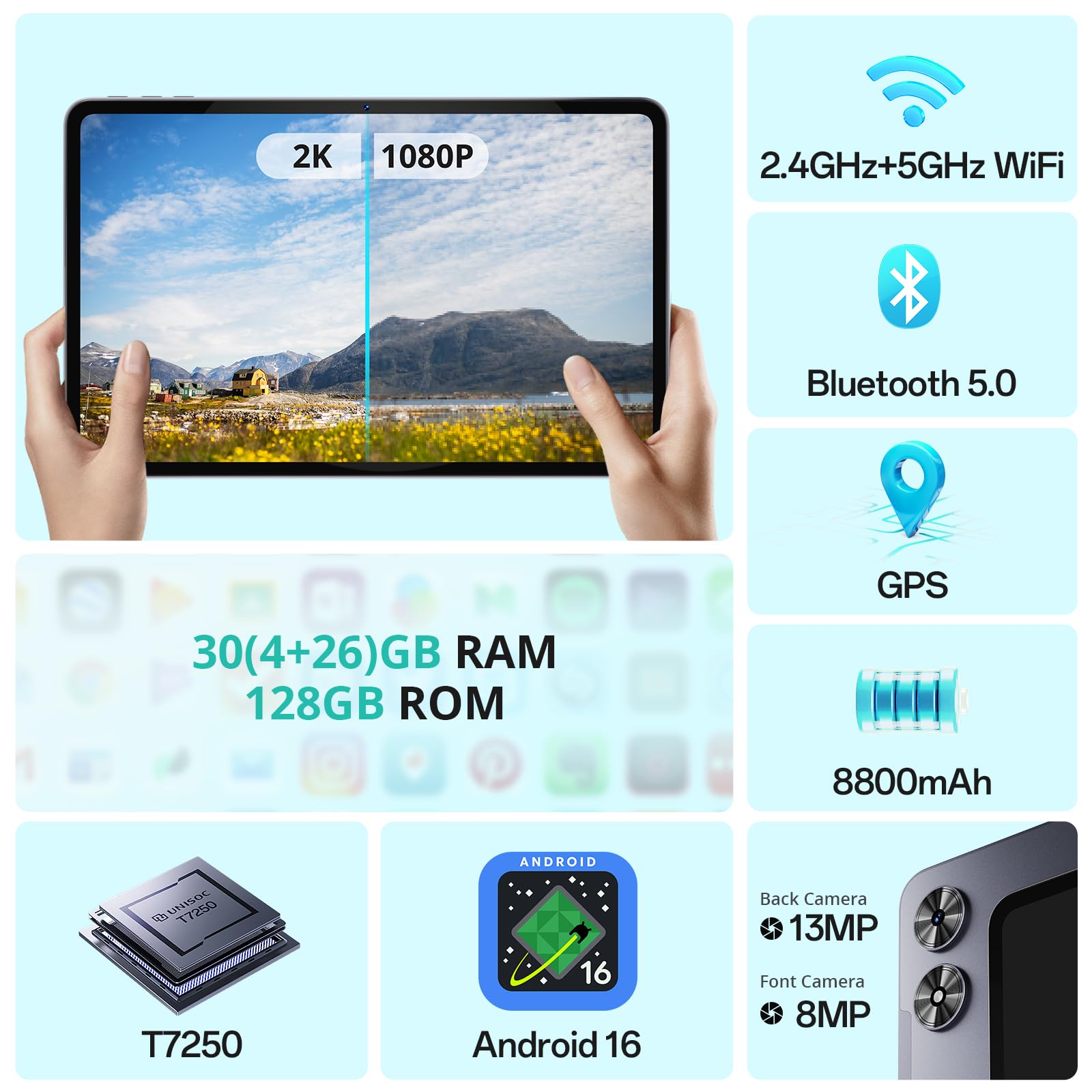 SVITOO Tablette 12 Pouces, Android 16, Écran Large 2K Full HD (2000 x 1200), 30 Go RAM (4+26) + 128 Go ROM, Octa-Core, Appareil Photo 13+5 MP, 8000 mAh, Widevine L1, Wi-FI 2,4G/5G, BT 5.0, GPS