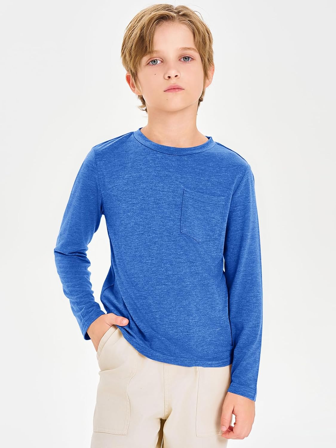 Haloumoning Boys Long Sleeve Shirts Kids Crewneck T Shirts Casual Tops Tees with Chest Pocket 5-14 Years - Image 4