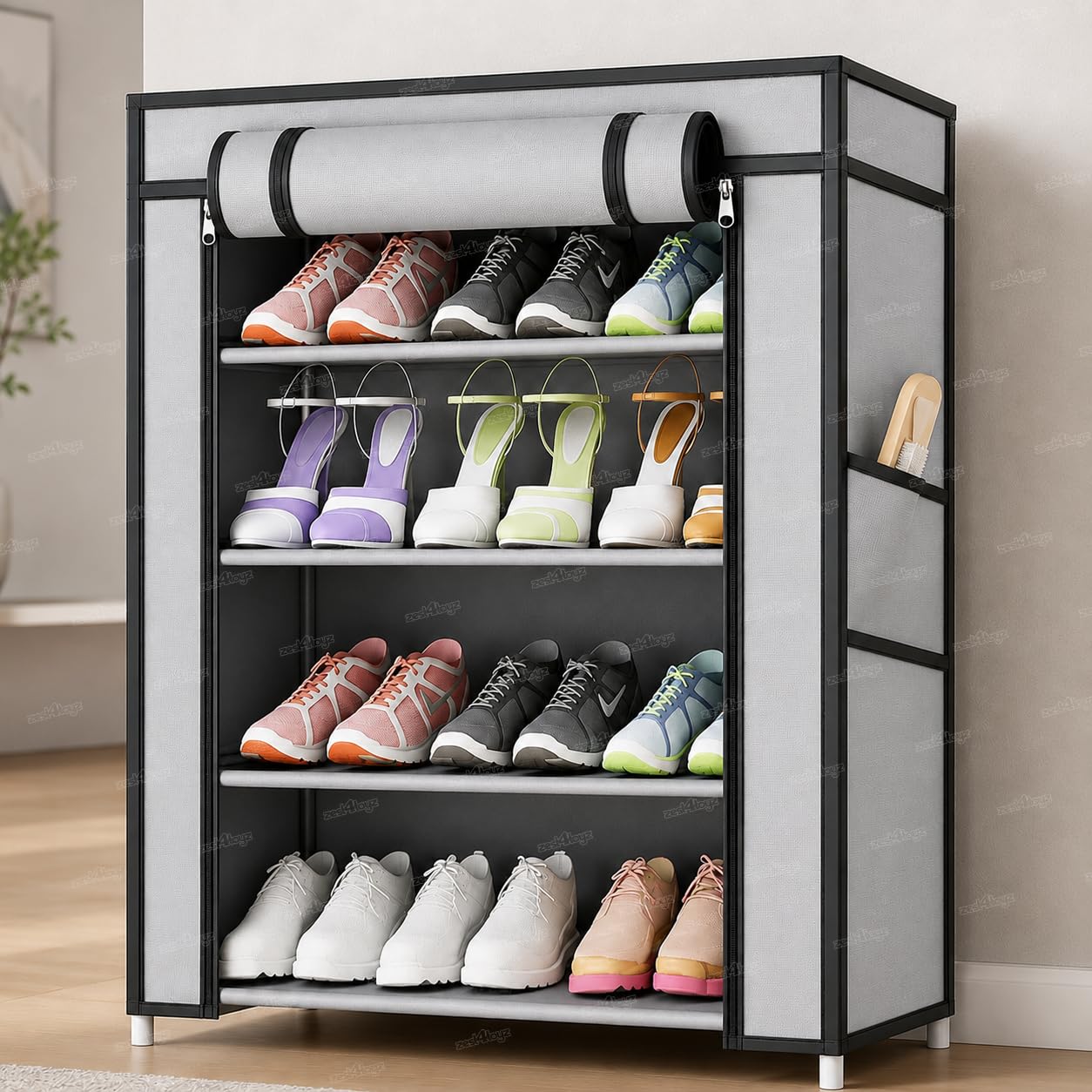Zest 4 Toyz 4 Shelf Shoe Rack for Home with Zip Door Cover & Side Pockets Shoe Stand Multipurpose Storage Rack for Footwear Toys Clothes with Dustproof Cover (Grey)-image-6