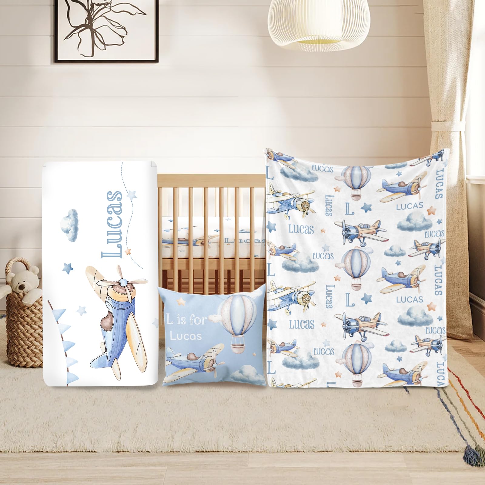 Duckbe Personalized Crib Bedding Set for Boys, Blue Baby Bedding Sets with Custom Name - Plush Blanket Fitted Sheet Pillowcase for Newborn Nursery
