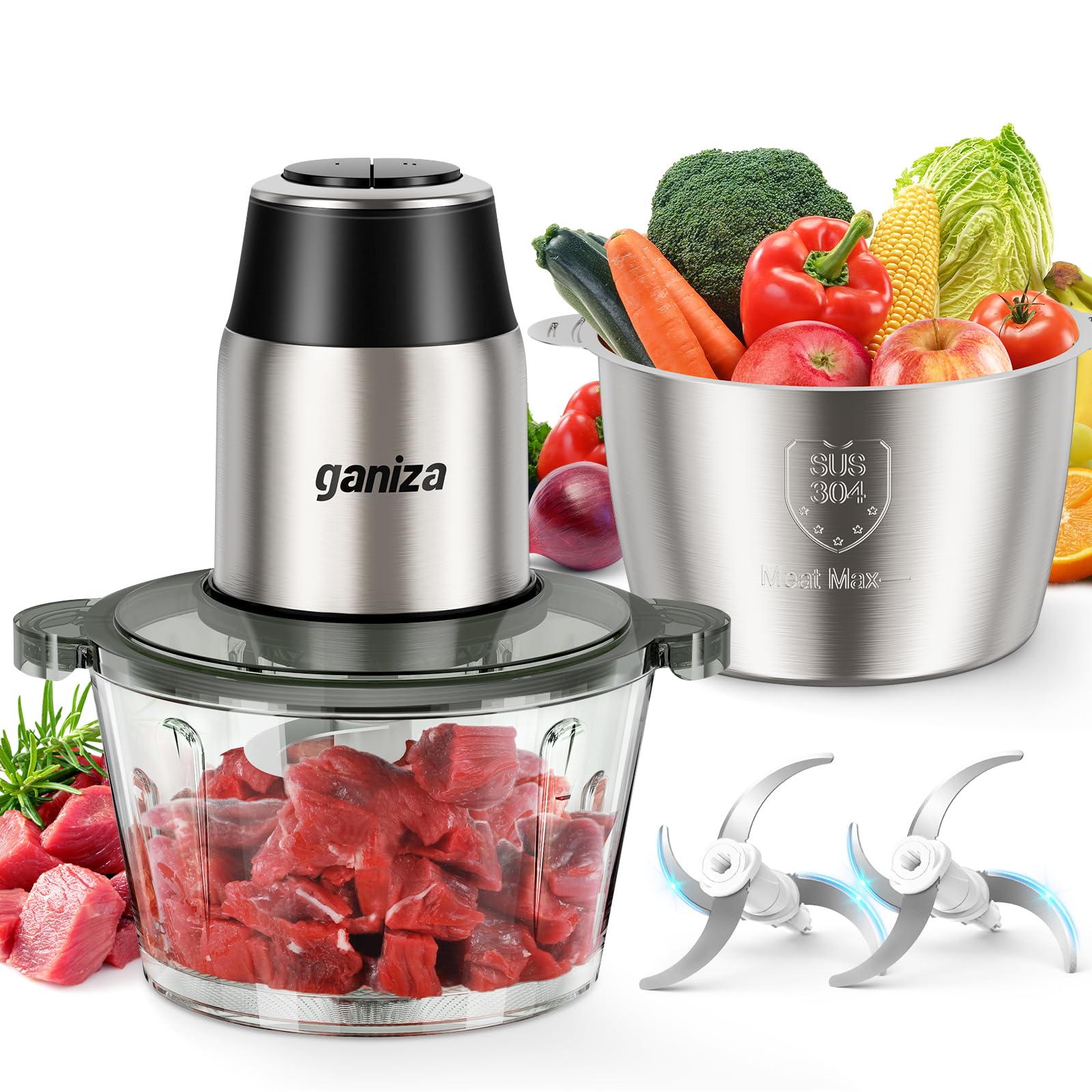 Ganiza Tritatutto elettrico da cucina 500 W, robot tritatutto con 2 ciotole da 1,8 l + 1,8 l, 2 doppie lame, 2 velocità, mini tritatutto elettrico per carne, verdure, noci
