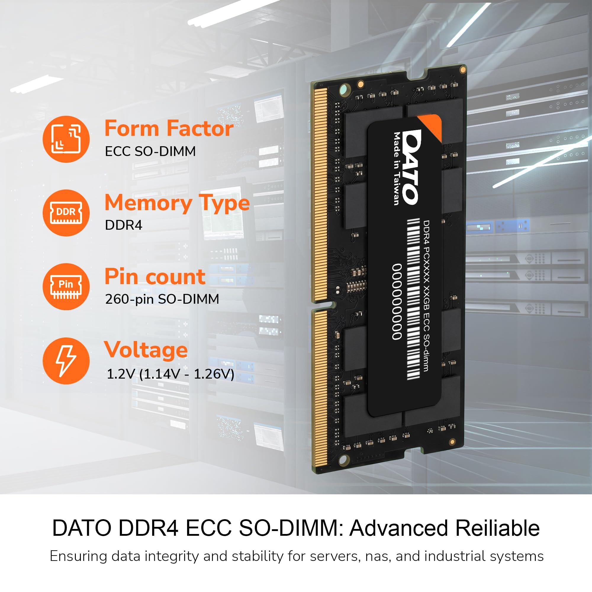 DATO 8GB DDR4 2666MHz ECC SODIMM, PC4-21300, ECC Unbuffered, 260-Pin, 1.2V, CL22, Compatibile con server e sistemi industriali