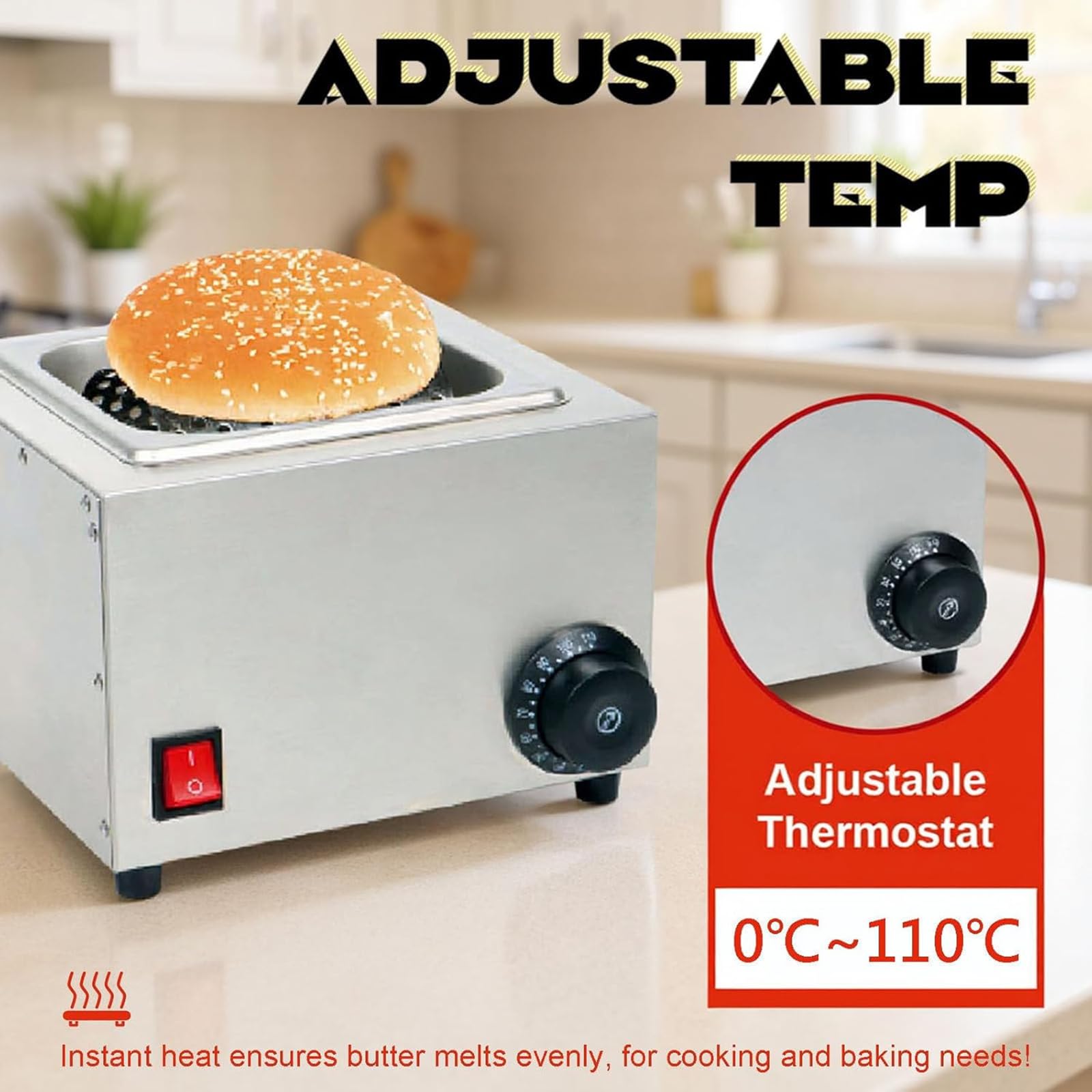 Elektrischer Butterstreuer, Edelstahlspender, schnelles gleichmäßiges Schmelzen, einstellbar 0-110°C, für Maiswaffeln, Burger, Toast