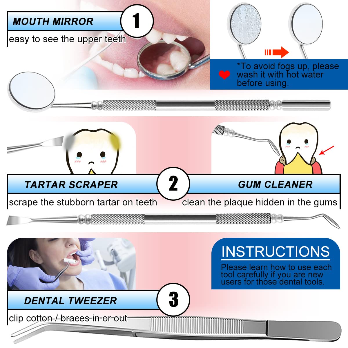 Dental Tools To Remove Plaque and Tartar, Professional Teeth Cleaning Tools, Stainless Steel Dental Hygiene Oral Care Kit with Plaque Remover, Tartar Scraper, Tooth Scaler, Dental Pick - with Case