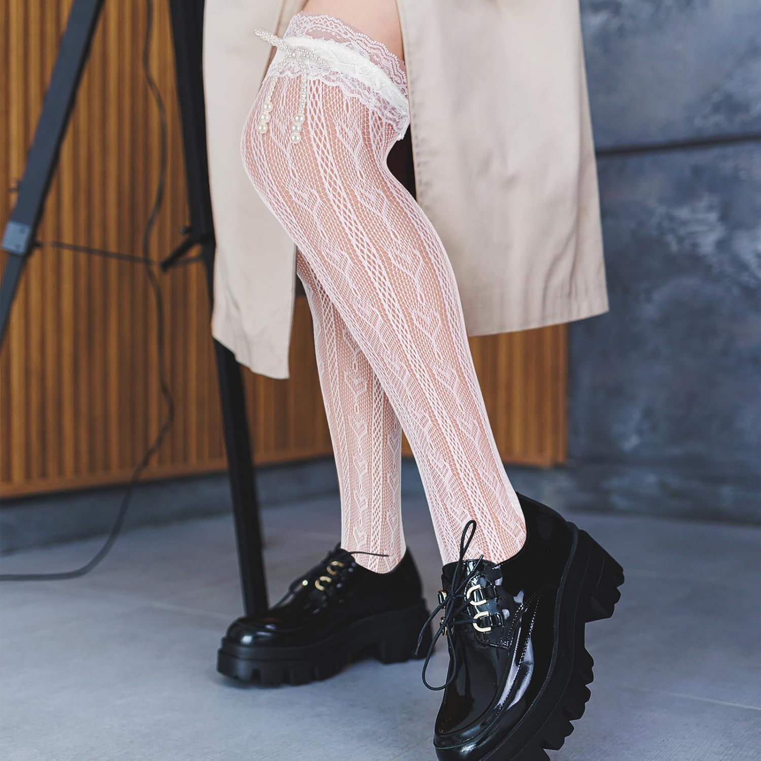 Lusofie Womens Thigh High Stockings Fishnet Lace White Stockings Lace Trim Heart Patterned White Thigh High Socks for Girls - Image 3