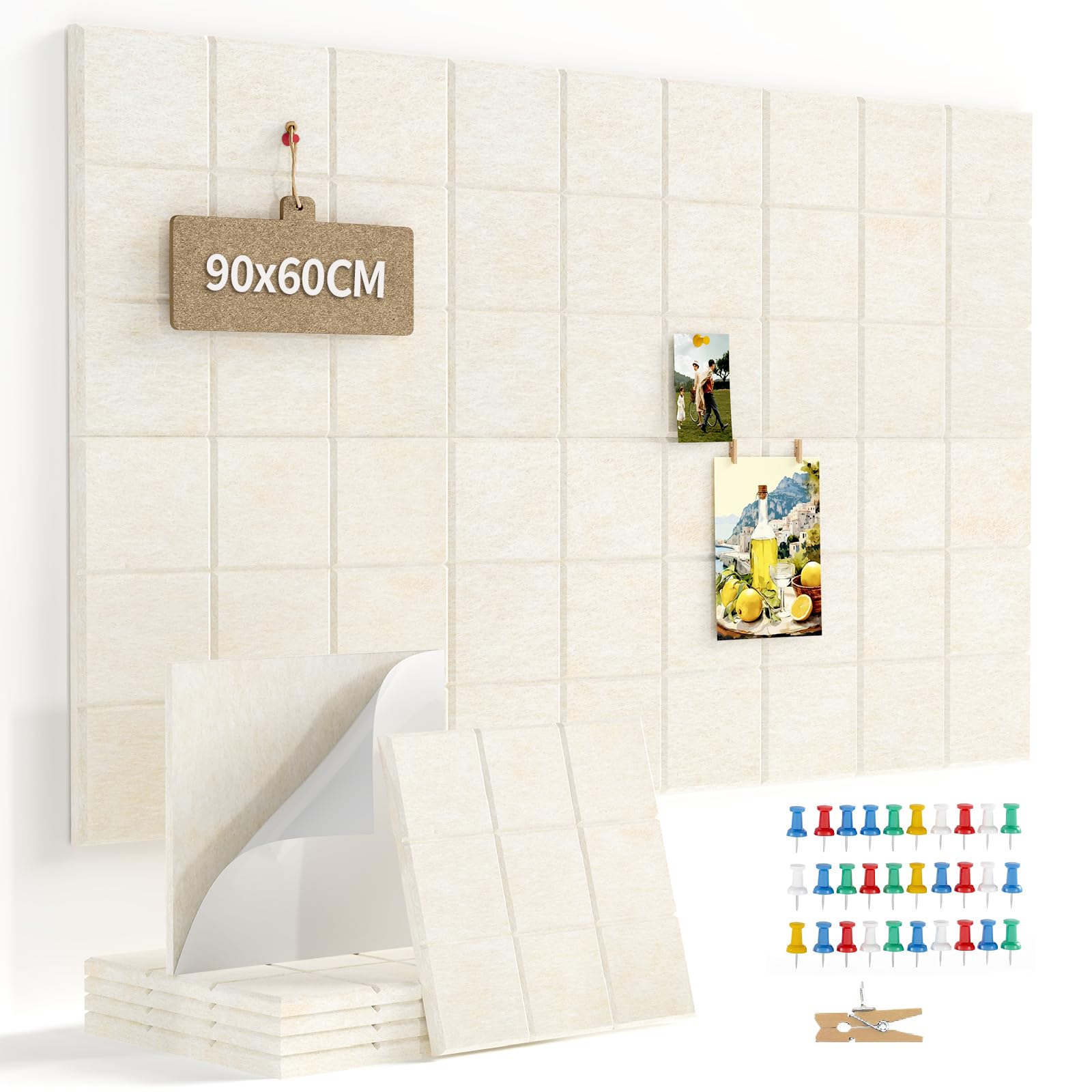 Uoisaiko 90 x 60cm Large Felt Pin Board for Walls, 6 Pack DIY Bulletin Board Tiles, 0.9cm Thick Cork Board Alternative with 30 Push Pins, Acoustic Vision Board for Office, School & Home Decor, Camel — image 1