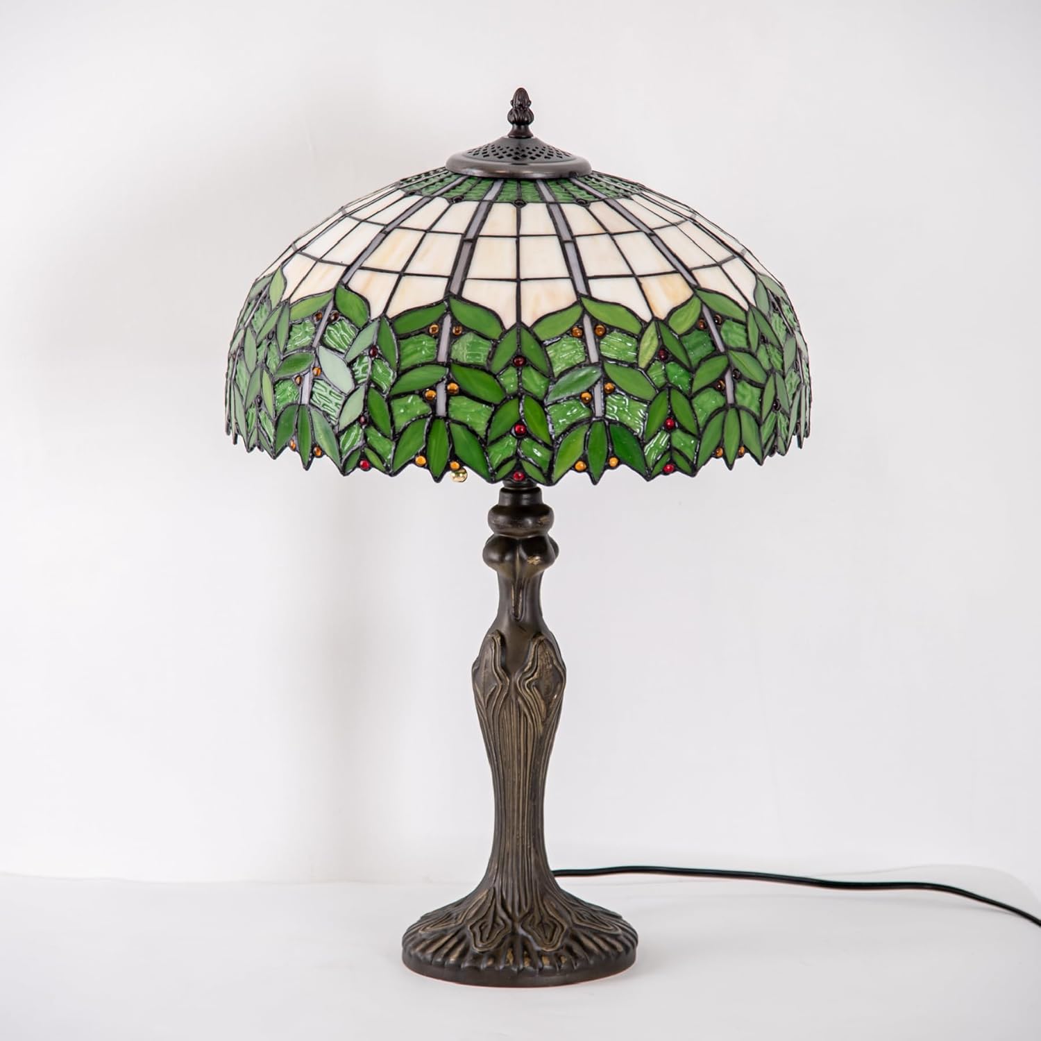 Tiffany Style Green Willow Leaf Stained Glass Table Lamp - 16" Wide Shade with Antique Bronze Base, Handcrafted Art Glass Decor for Bedroom Living Room (24" H x 16" W)