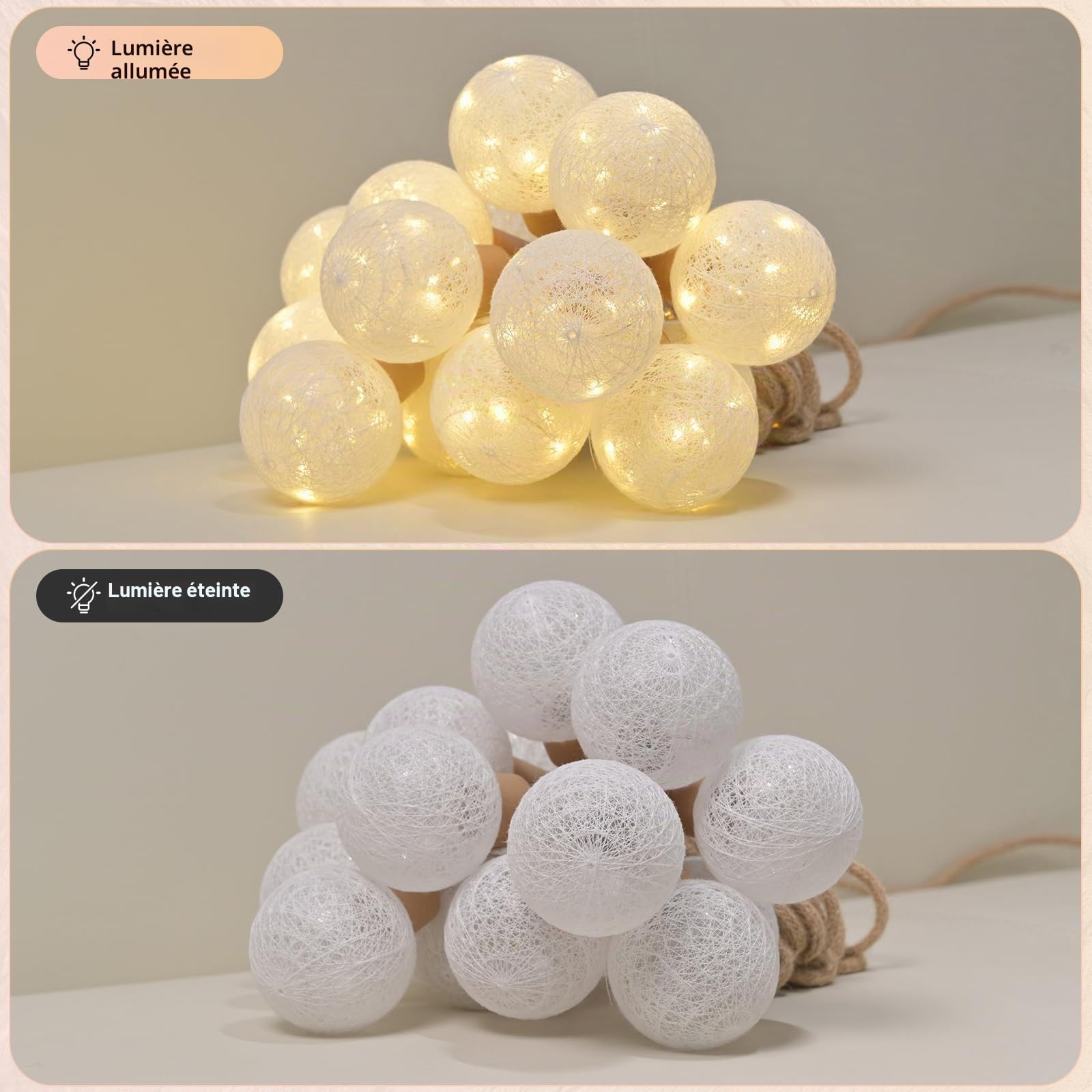 Guirlande lumineuse d'extérieur/d'intérieur avec prise, 8 m, 16 ampoules, 8 modes, intensité réglable, guirlande lumineuse à ampoules LED sphériques avec télécommande et minuterie, guirlande lumineuse