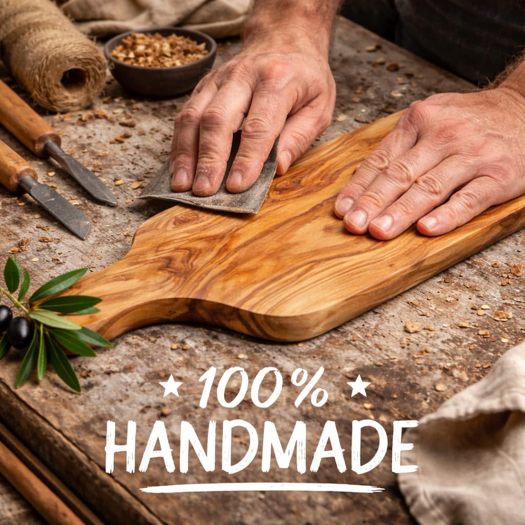 Tabla de cortar artesanal con mango de madera de olivo natural, hecha a mano, 40 cm
