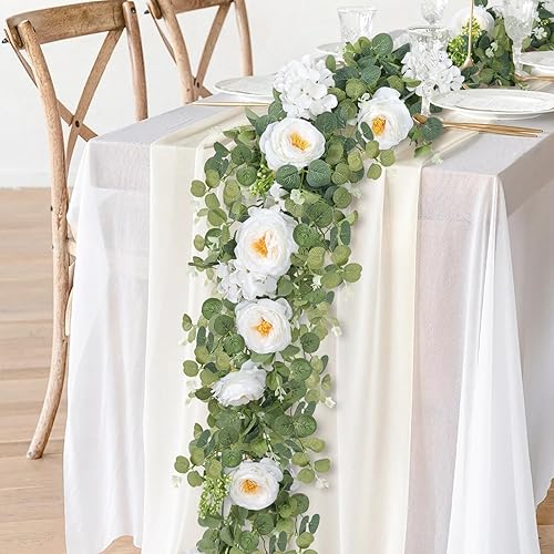 Miniatura 5 de KHOYIME Paquete de 2 guirnaldas de flores de eucalipto artificiales en total de 13 pies de seda blanca sintética, flores de camelia hortensias,