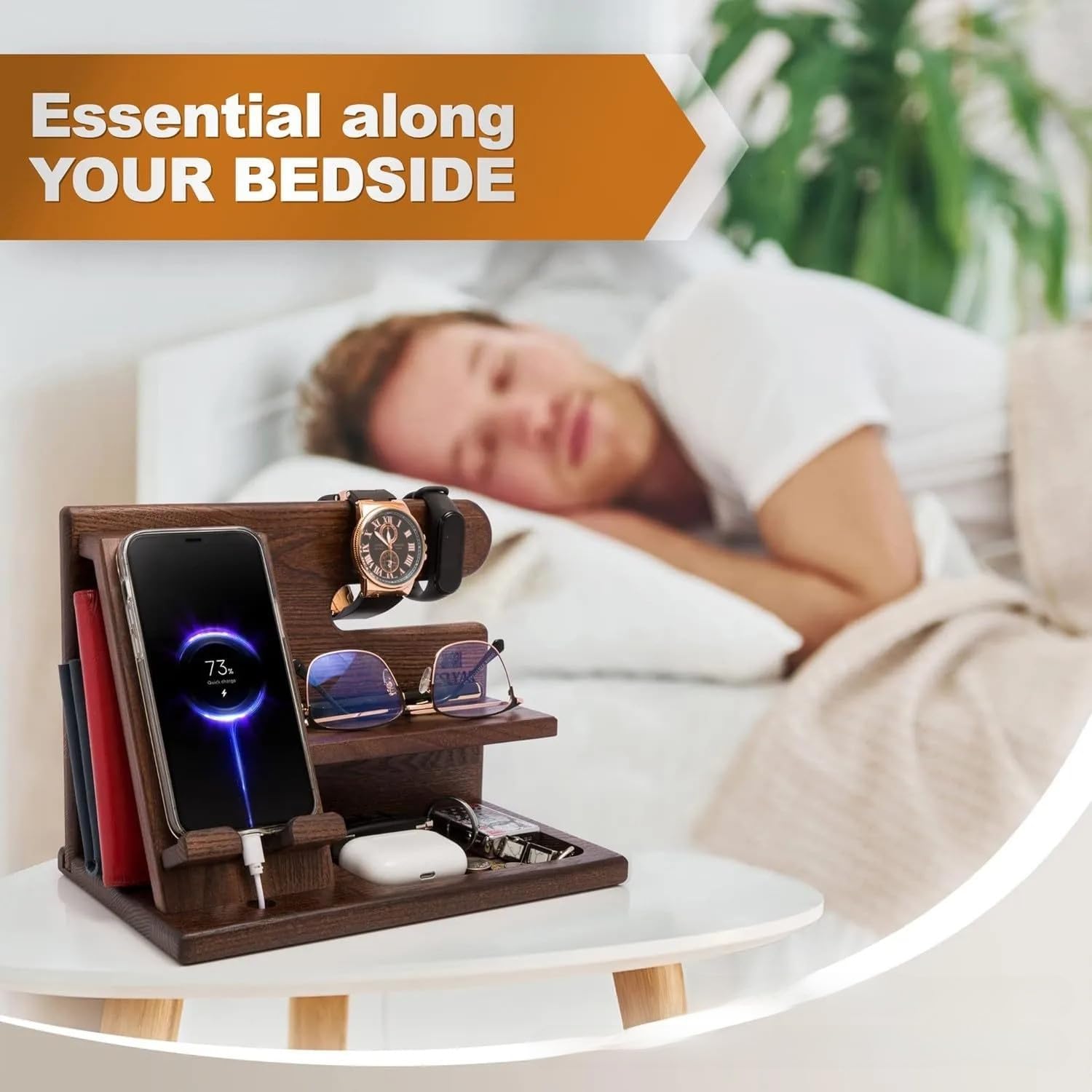 Wood Phone Docking Station, 5-in-1 Desktop Organizer for Phone, Watch, Keys, Glasses & Office Supplies, Birthday Gifts for Men, Dad Bedside Nightstand Organizer for Home/Office/Bedroom.(Brown)