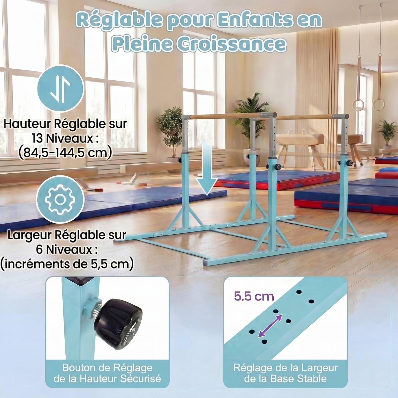 GYMAX Barres Parallèles de Gymnastique pour Enfants, Double Barre Réglable en Hauteur 85-145 cm sur 13 Niveaux, Équipement d'Entraînement à Domicile avec Support Métallique Triangulaire