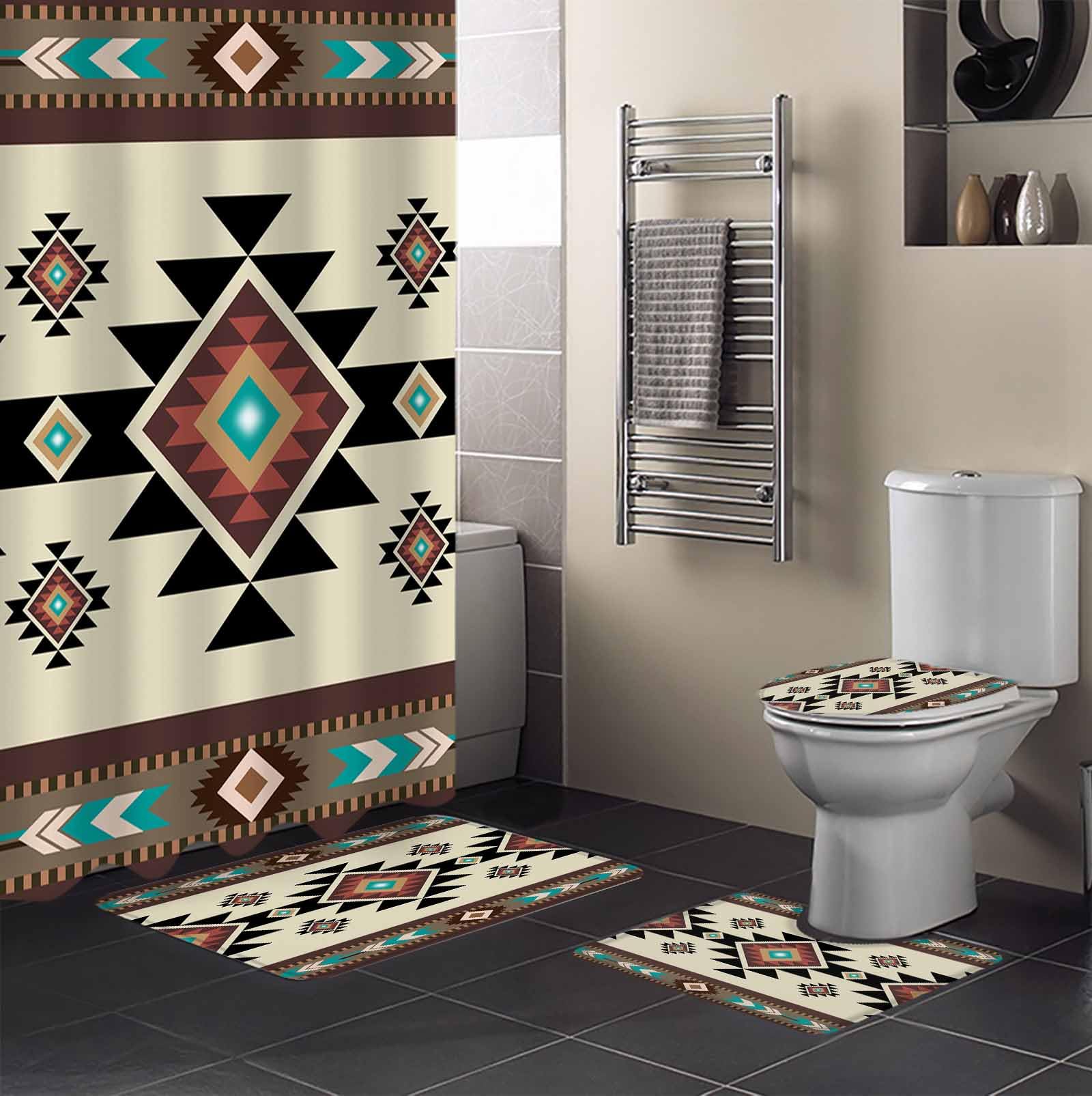 Southwest Geometric Bathroom Set with Shower Curtain and Rug and Accessories - 36x72 Inches Long Brown Mexican Aztec Boho Tribal Stall Curtain Waterproof with Small Bath Mat, Washable Runner Rug Set