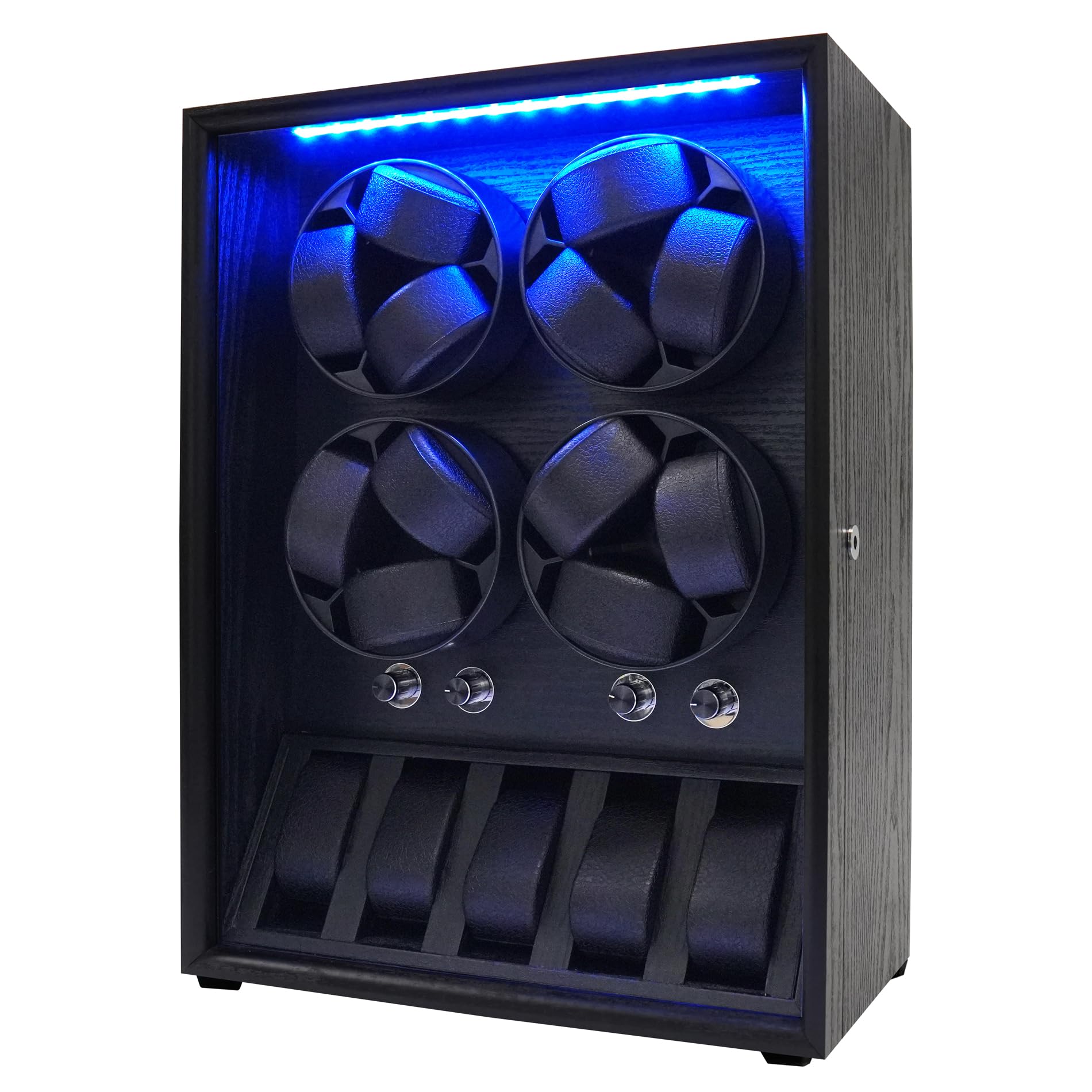 Oryx Uhrenbeweger für 4/6/9 Automatikuhren, Rotierende Uhrenbox 5 Rotationsmodi Einstellung Vitrine mit extra Uhrenspeichern und LED-Licht, abschließbare Winders USB-betriebener super leiser