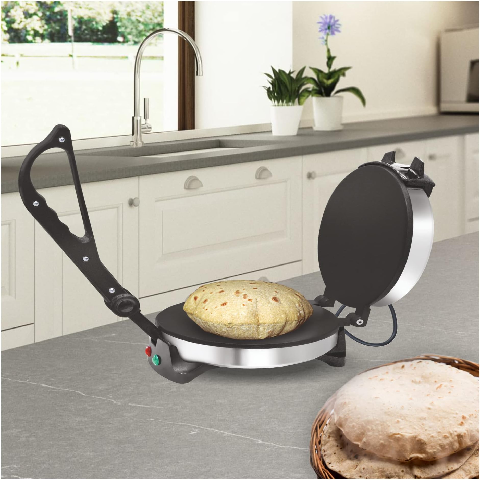 Sunblaze Non-Stick Automatic Electric Chapati Roti Maker Machine With Over Heat Protection, Bakelite Handle and Stainless Steel Cover 900 Watt with 2 Years Warranty