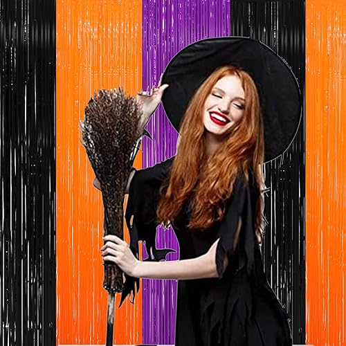 Miniatura 6 de Paquete de 3 cortinas de flecos de papel de aluminio de oropel negro y naranja de Halloween de 8 x 9.84 pies, cortinas de telón de fondo negro y