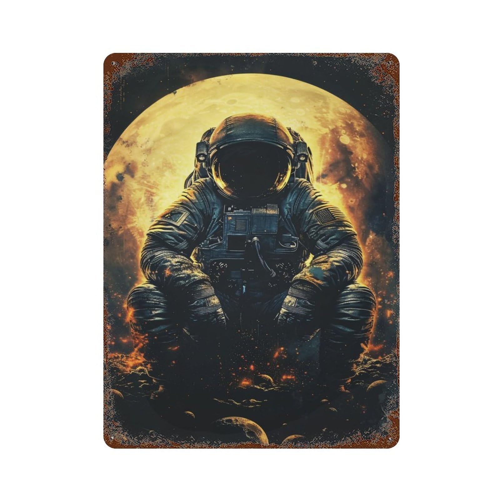 Spaceman Vintage Wall Sign 15.7"x11.8", Rust Effect Metal Decor for Office, Studio And Wall Decor