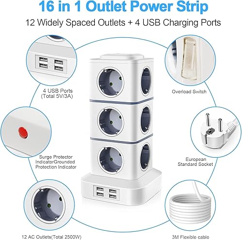 Miniatura 8 de Regleta de alimentación con protector de sobretensiones de 10 pies con 12 salidas de CA, 4 puertos USB, estación de carga, regletas de alimentación