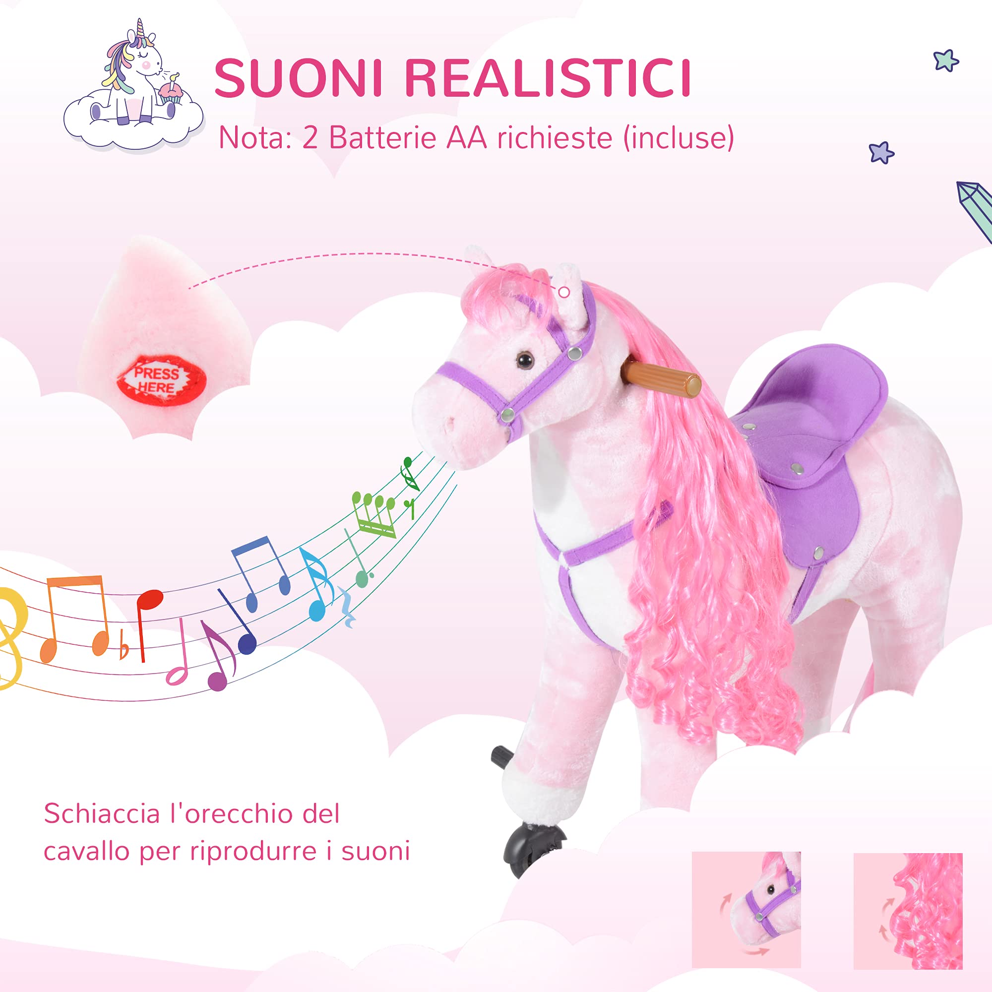 HOMCOM Caballo balancín para niños mayores de 3 años con 4 ruedas y sonidos realistas, Caballo balancín acolchado para niños con reposapiés, 65x28x75 cm, rosa