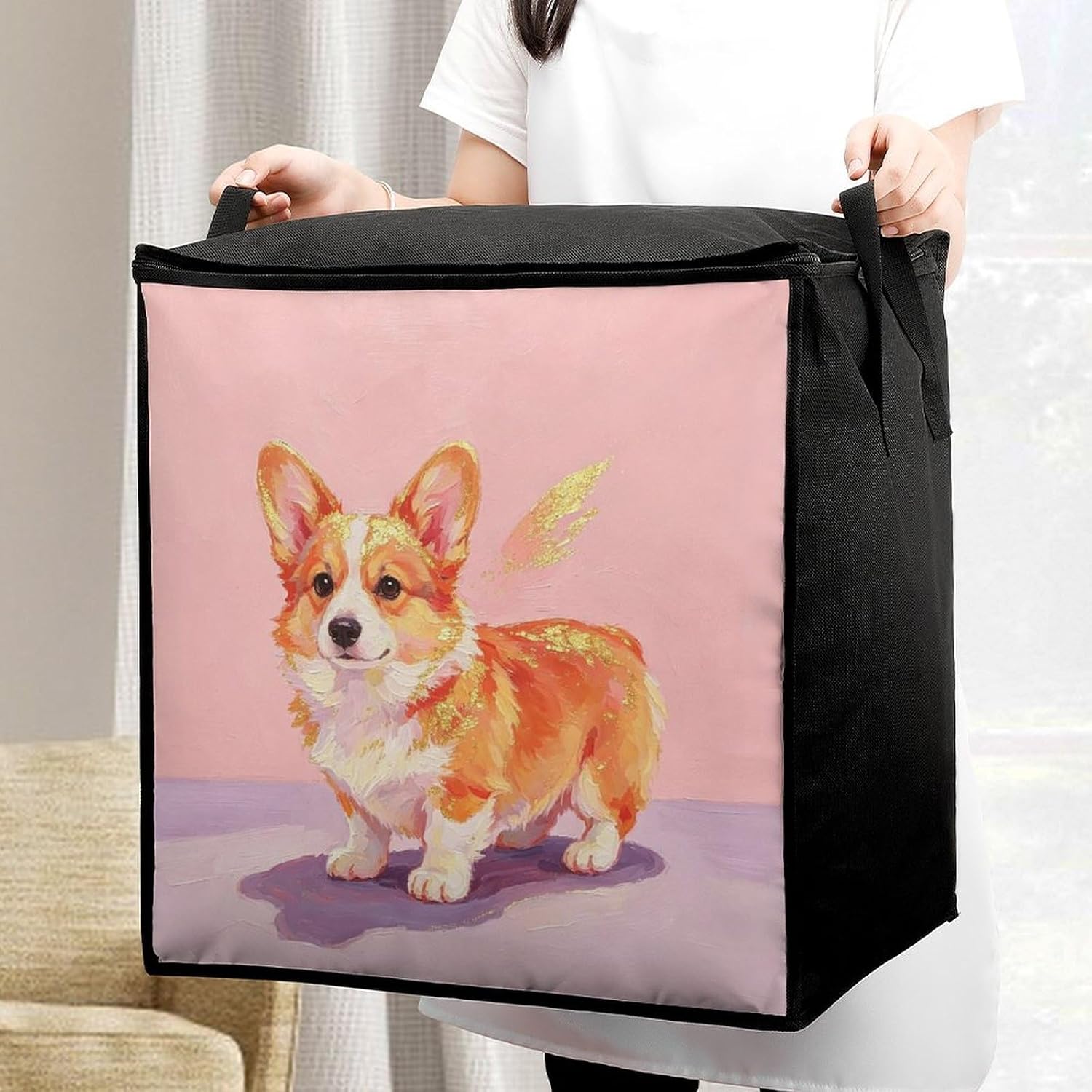 Glowing Puppy Storage Bags Moving Bags Storage Bins | Comforter Storage Bag Reinforced Handles & Zippers Foldable Closet Organizers and Storage for Blanket Pillow Clothes