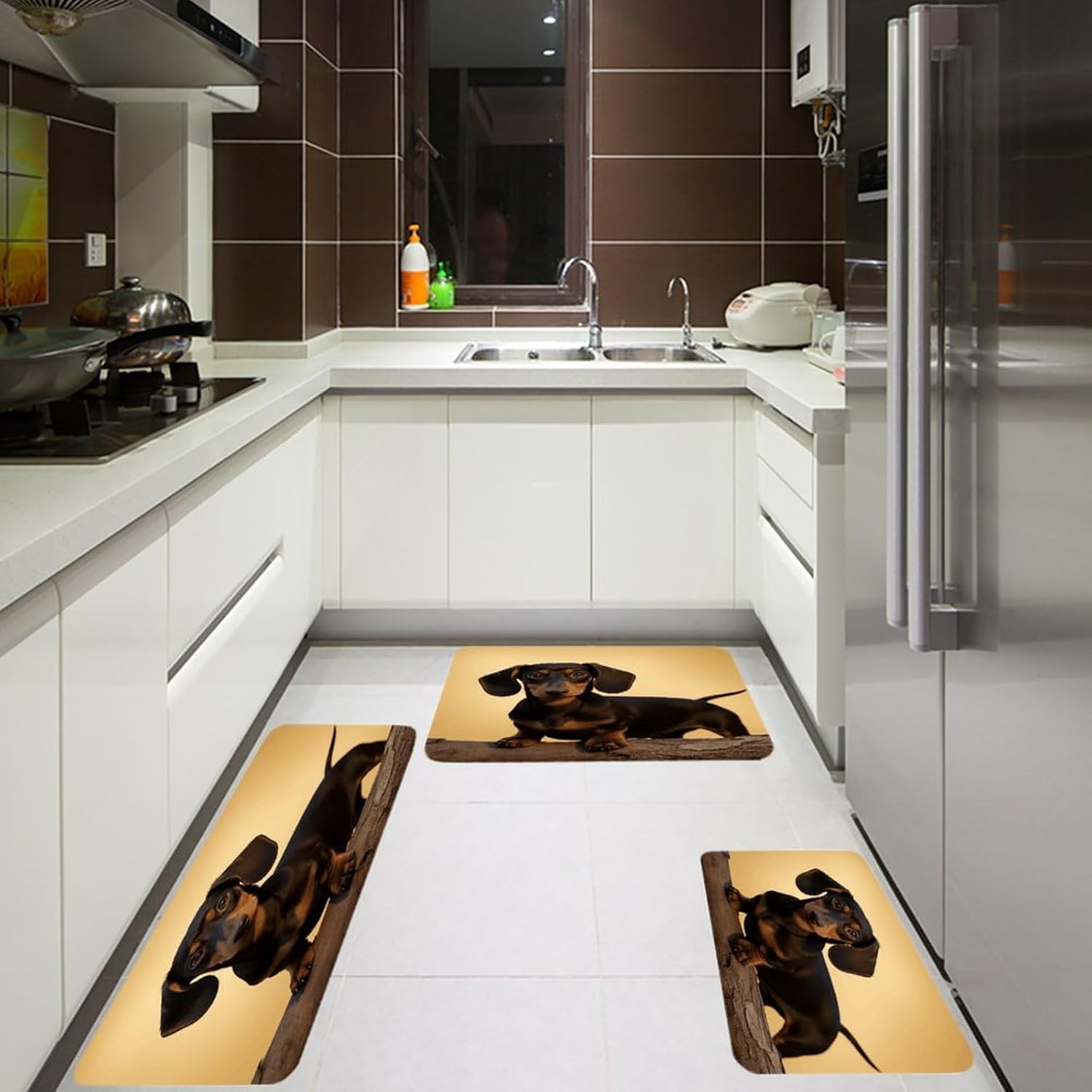 A Cute Dachshund Kitchen Mats Soft Absorbent Rugs for Floor Non Slip Washable Kitchen Mats Fashion Rectangular Rugs for Three-Piece Set for Laundry Office Home Sink