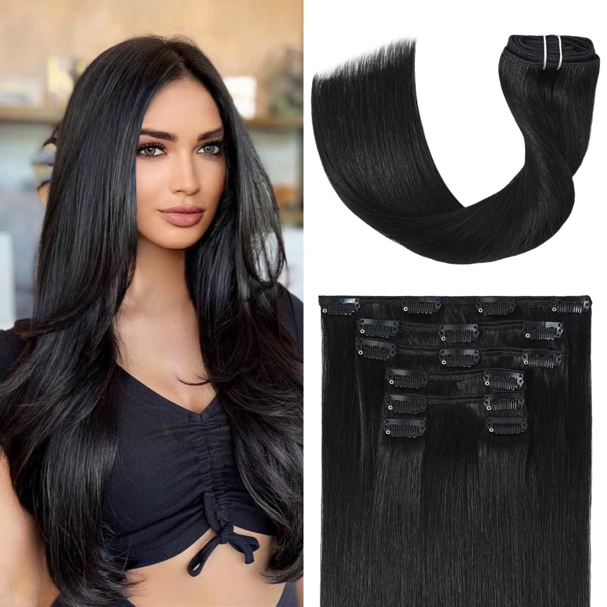 UGOTRAYS Black Hair Extensions Clip in Real Human Hair 70g