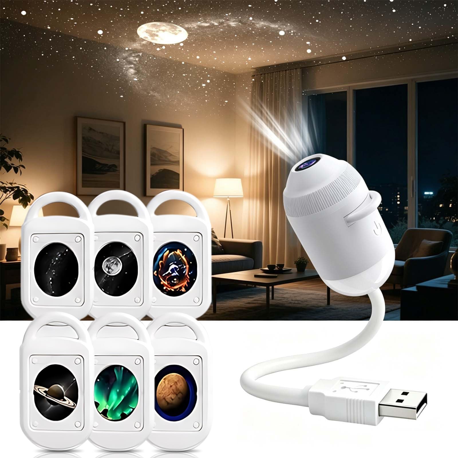 5D Galaxy Star Projector Lamp – USB Plug & Play, HD Wired，with 6 Films