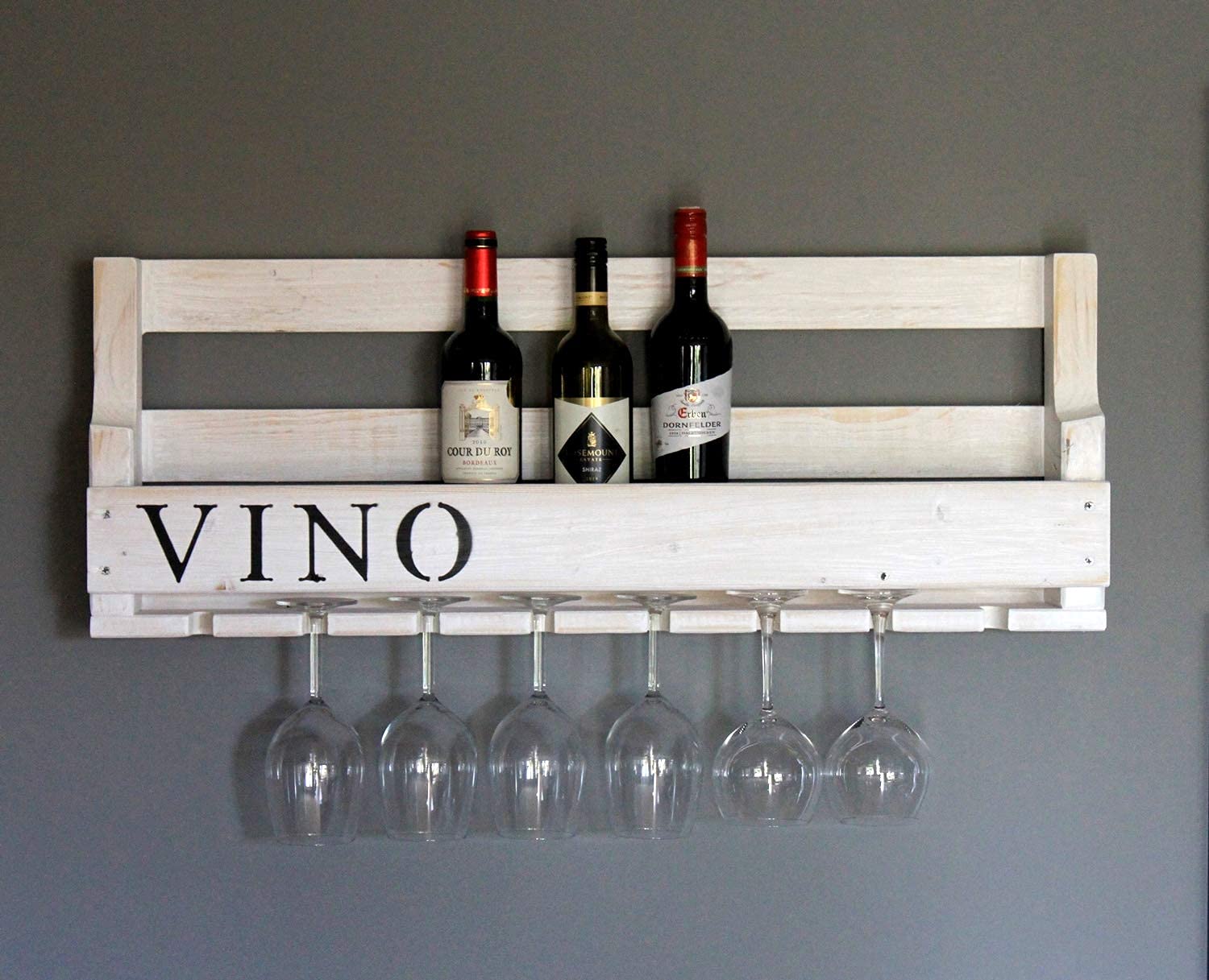 Dekorie Botellero de Madera para la Pared - Con Soporte para Copas y Texto Vino - Blanco - Montado - Estantería para Botellas y Copas — view 2